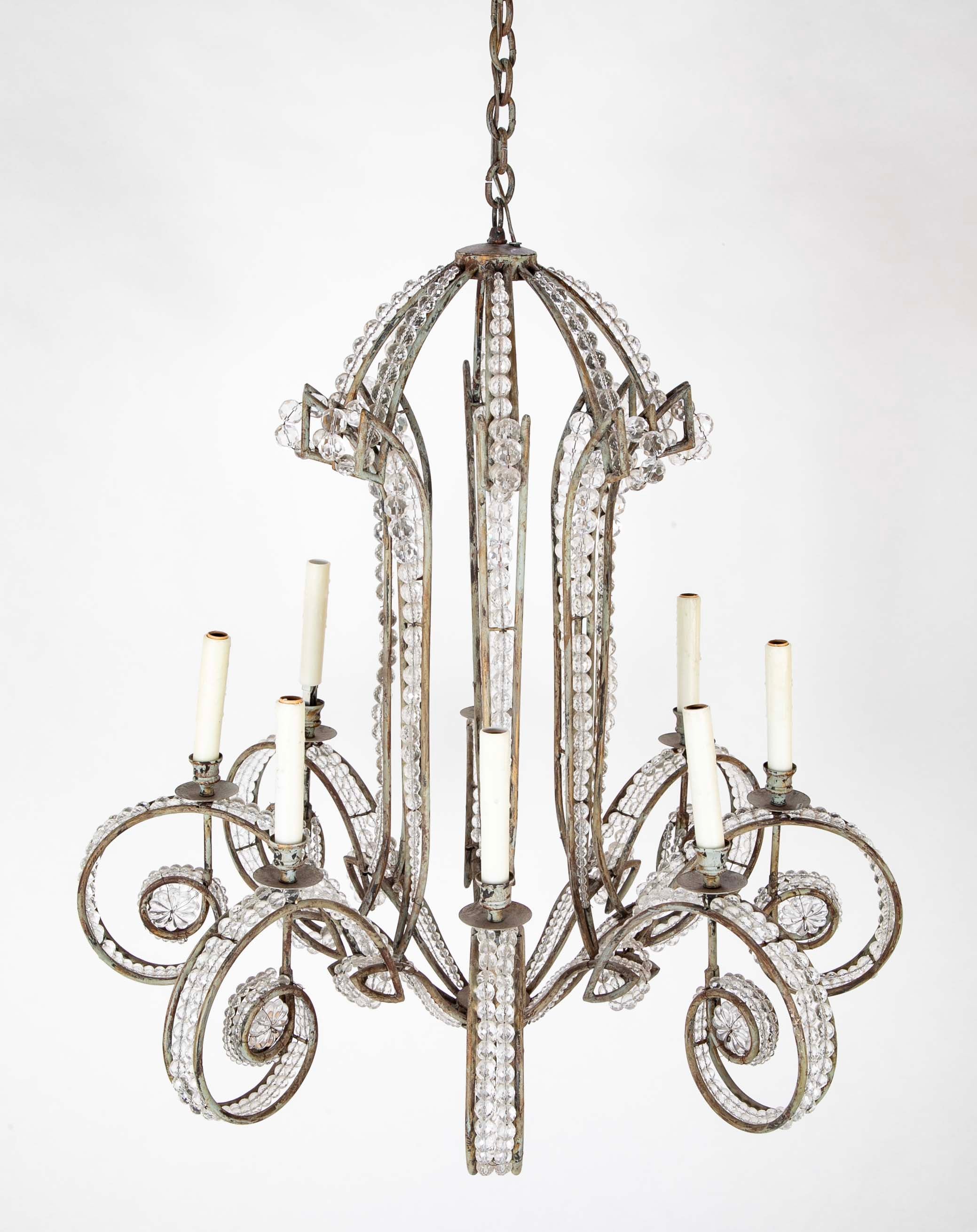 A Late 20th Century 8 Light Metal and Crystal Bead Chandelier