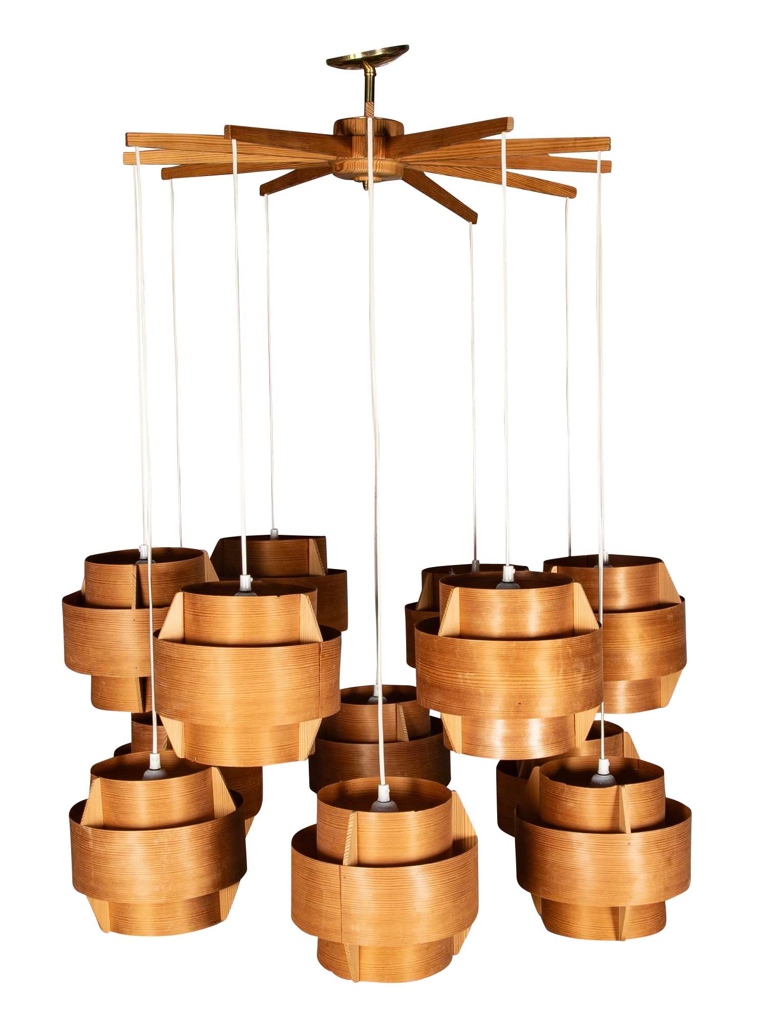 A Swedish Mid-Century 10 Lamp Suspended Ceiling Light of Pine