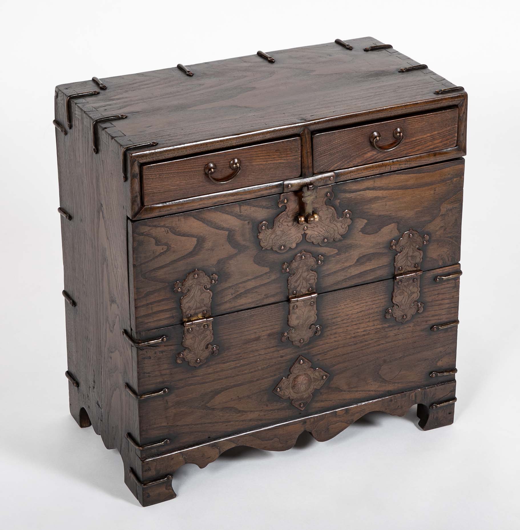 Korean Two Drawer and Drop Down Cupboard Door Chest of Zelkova Wood