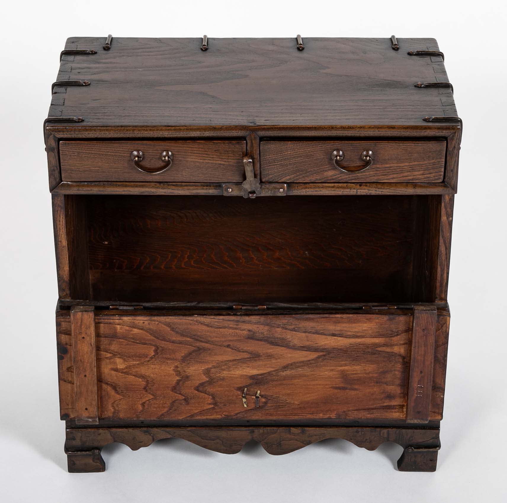 Korean Two Drawer and Drop Down Cupboard Door Chest of Zelkova Wood