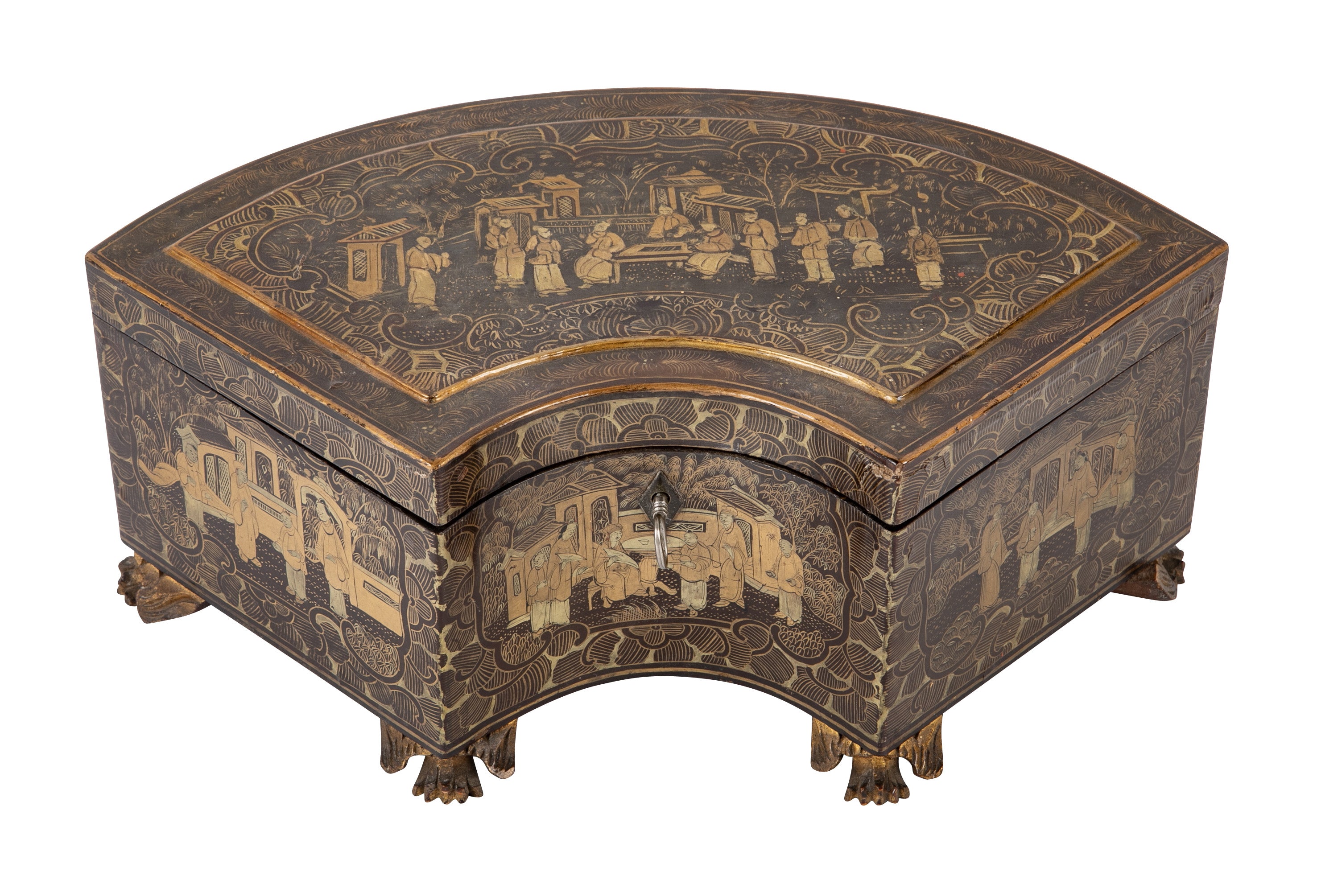 Chinese Export Lacquer & Pewter Tea Caddy in Unusual Fan Form