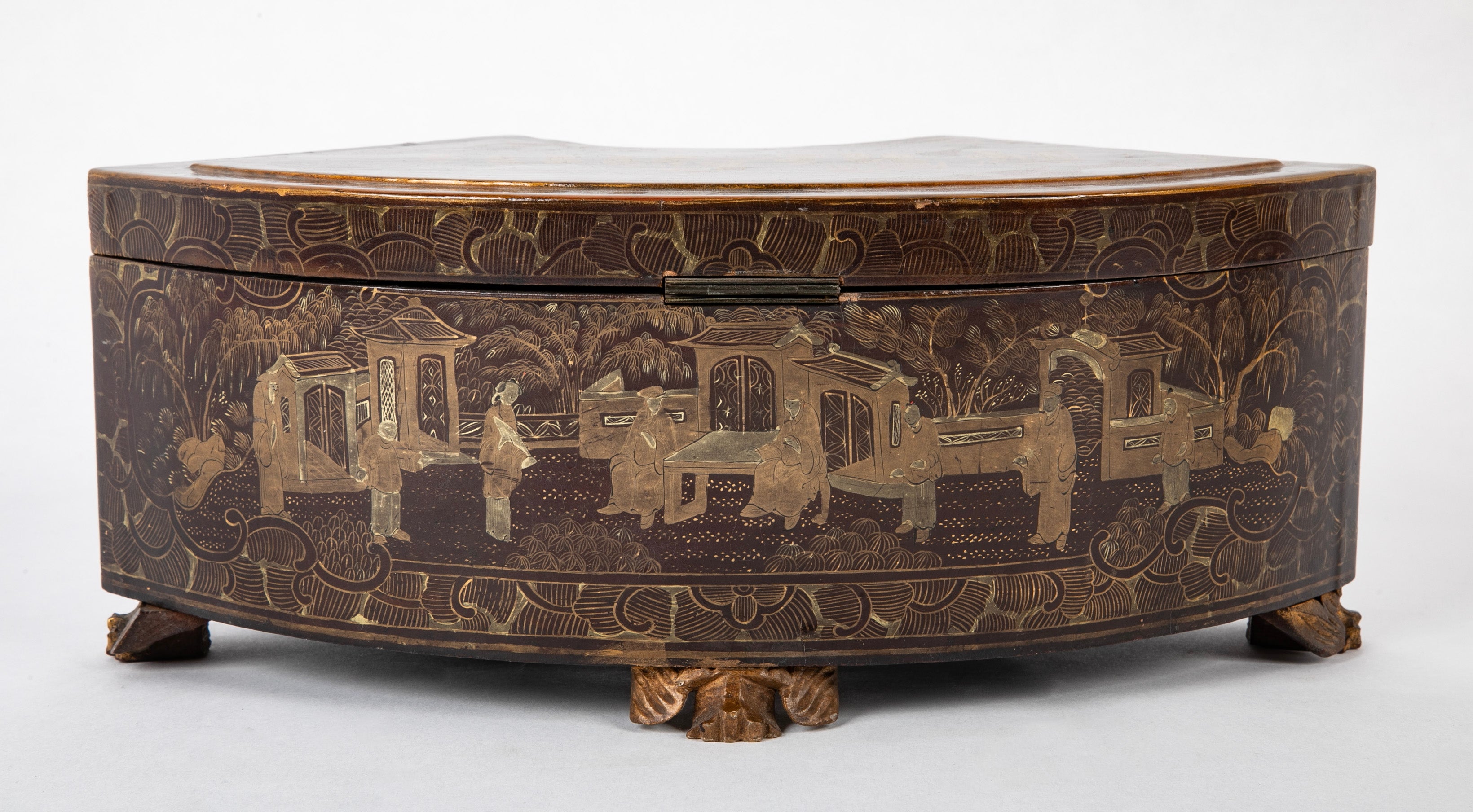 Chinese Export Lacquer & Pewter Tea Caddy in Unusual Fan Form