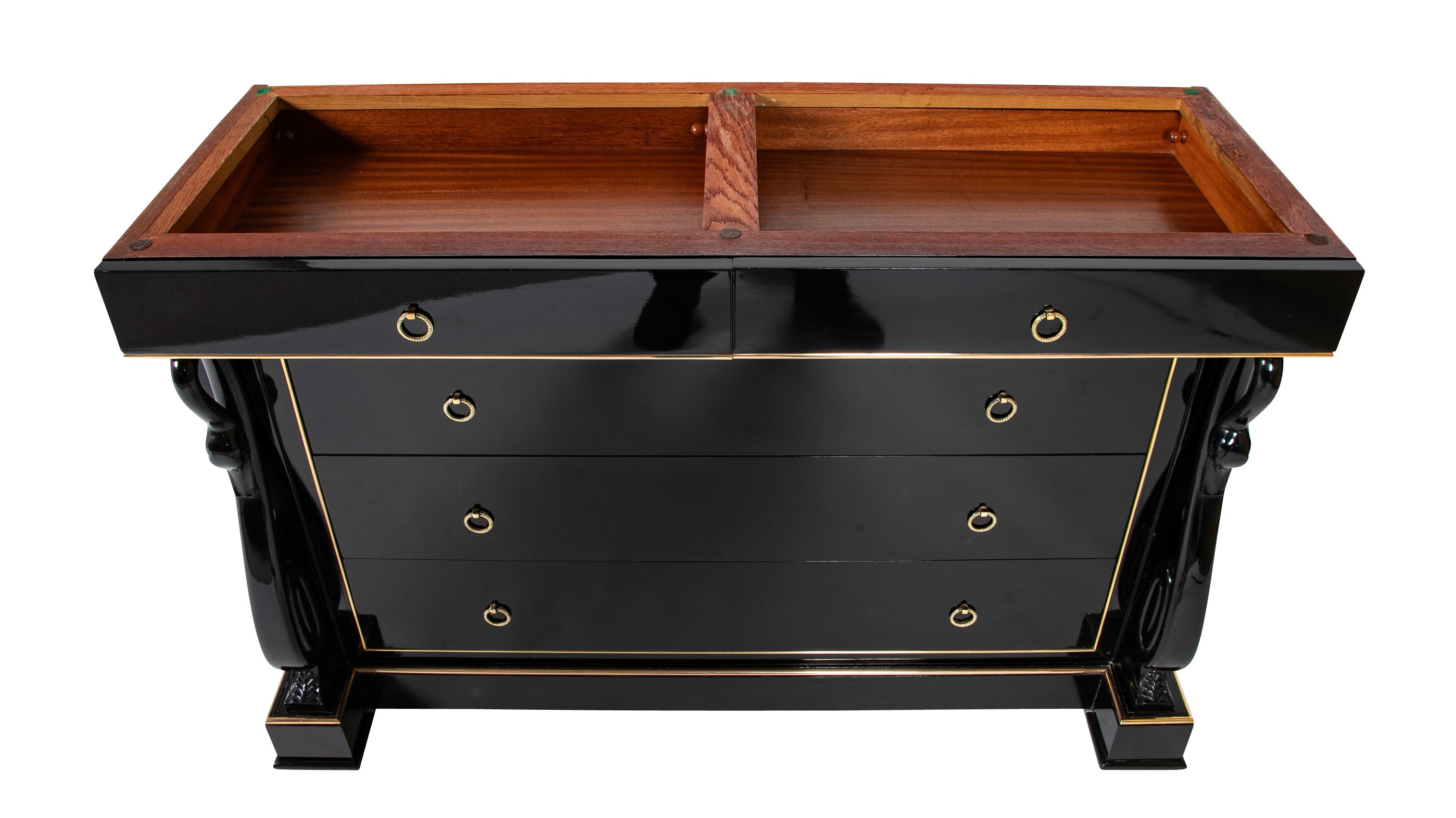 Late 20th Century French Custom Black Lacquer & Brass D'ore Commode