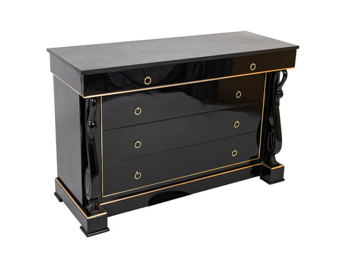 Late 20th Century French Custom Black Lacquer & Brass D'ore Commode