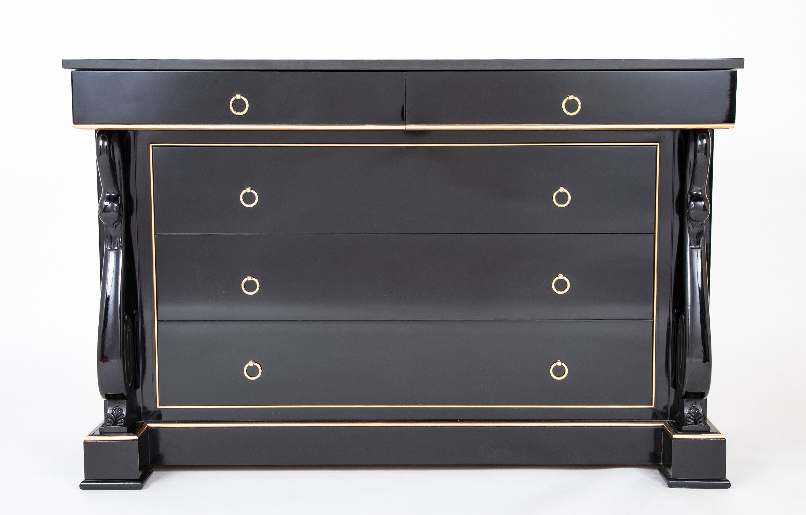 Late 20th Century French Custom Black Lacquer & Brass D'ore Commode