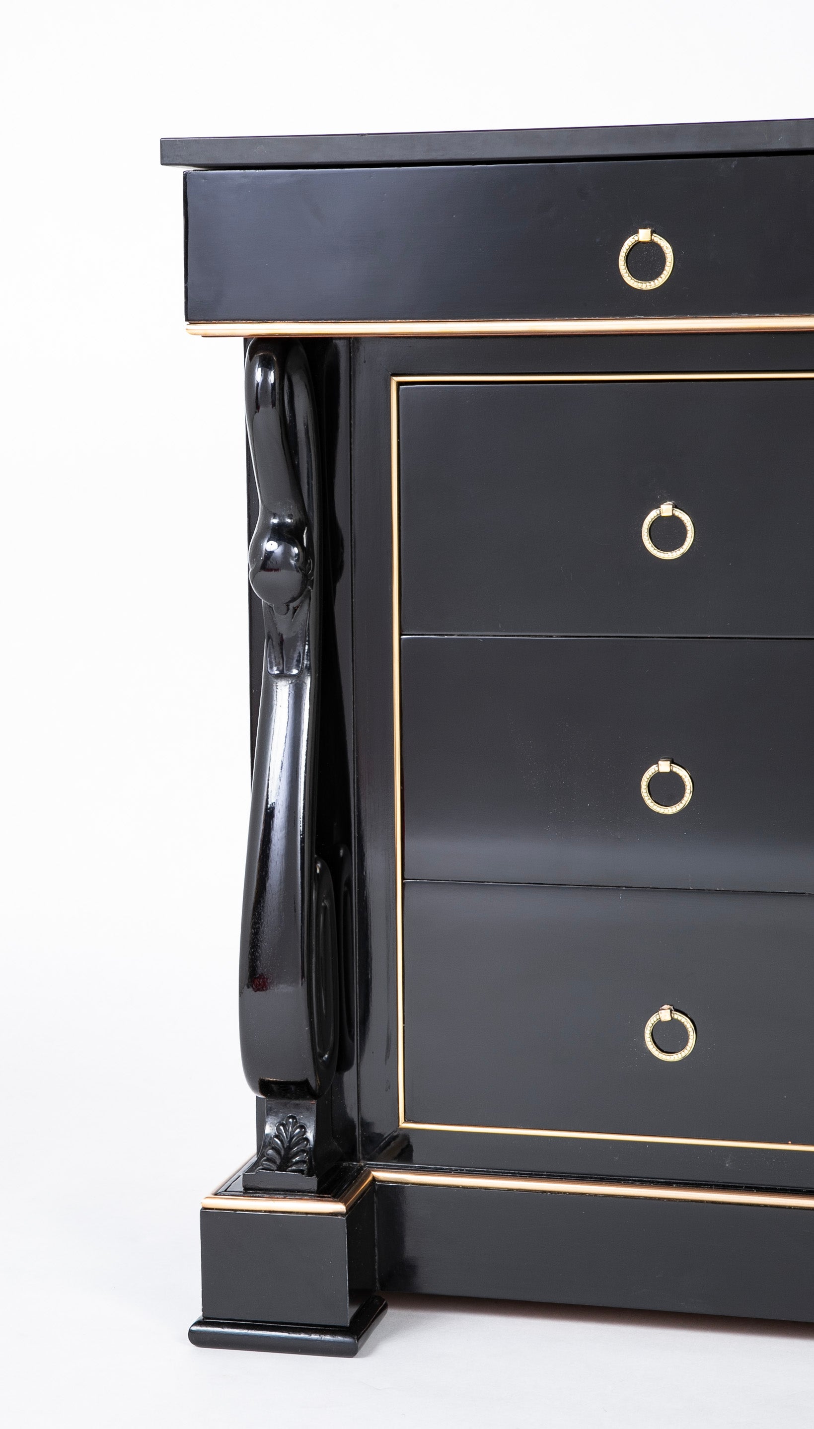 Late 20th Century French Custom Black Lacquer & Brass D'ore Commode
