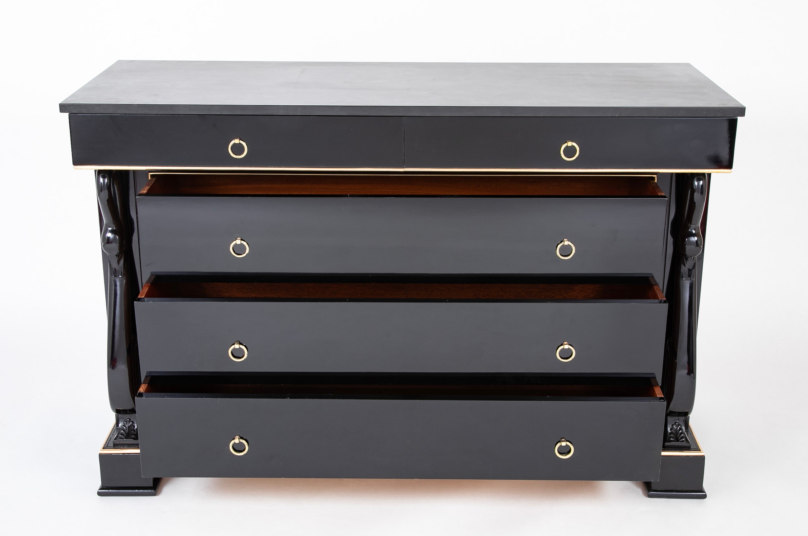 Late 20th Century French Custom Black Lacquer & Brass D'ore Commode