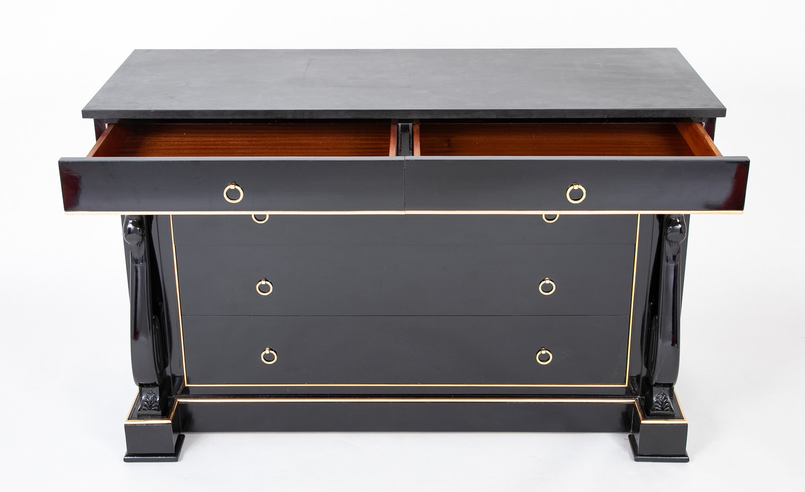 Late 20th Century French Custom Black Lacquer & Brass D'ore Commode