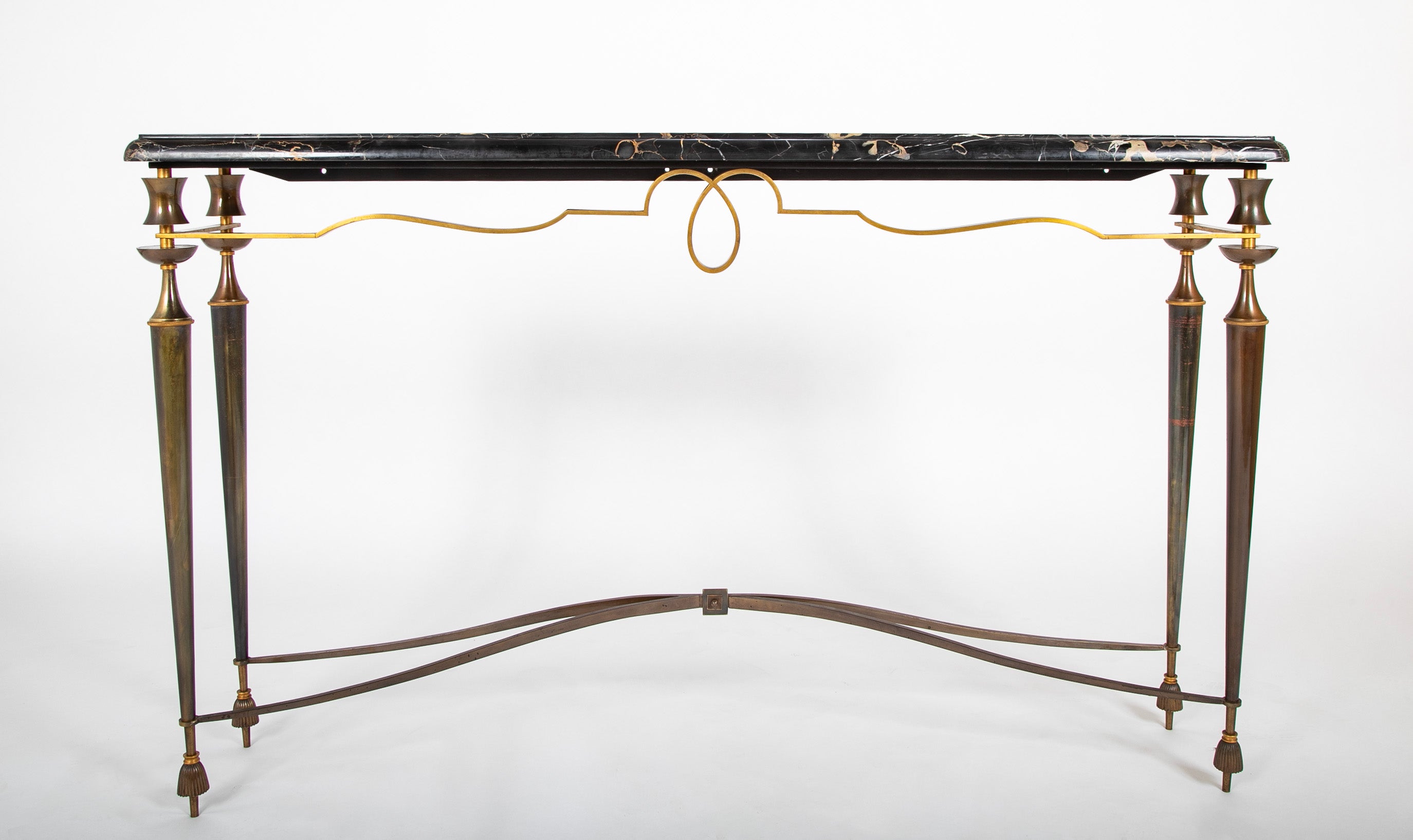 French Patinated Iron Marble Top Console Table In The Manner of Poillerat.