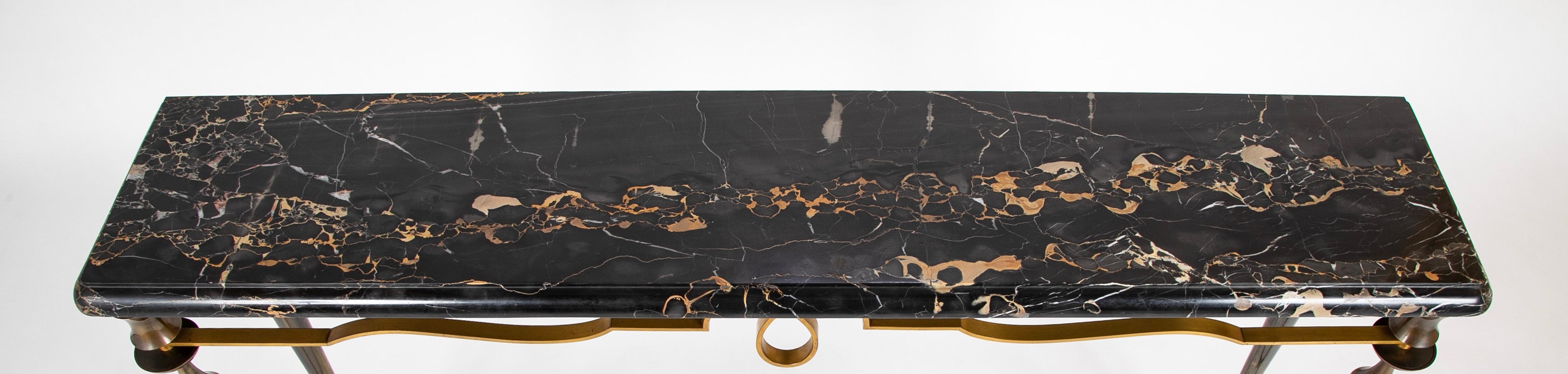 French Patinated Iron Marble Top Console Table In The Manner of Poillerat.