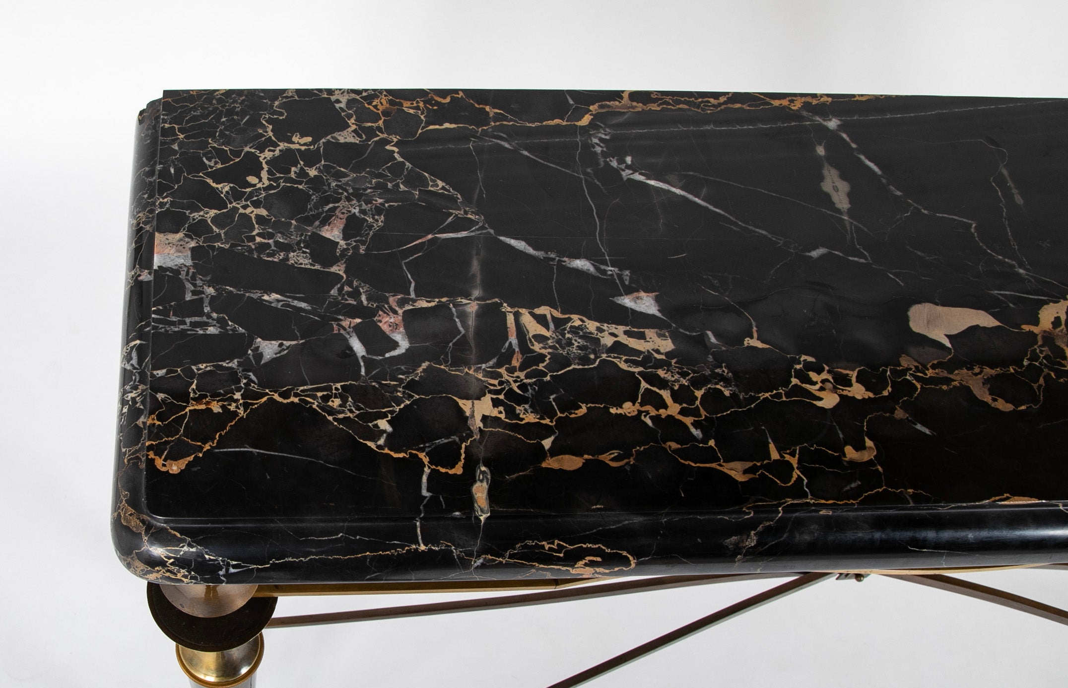 French Patinated Iron Marble Top Console Table In The Manner of Poillerat.