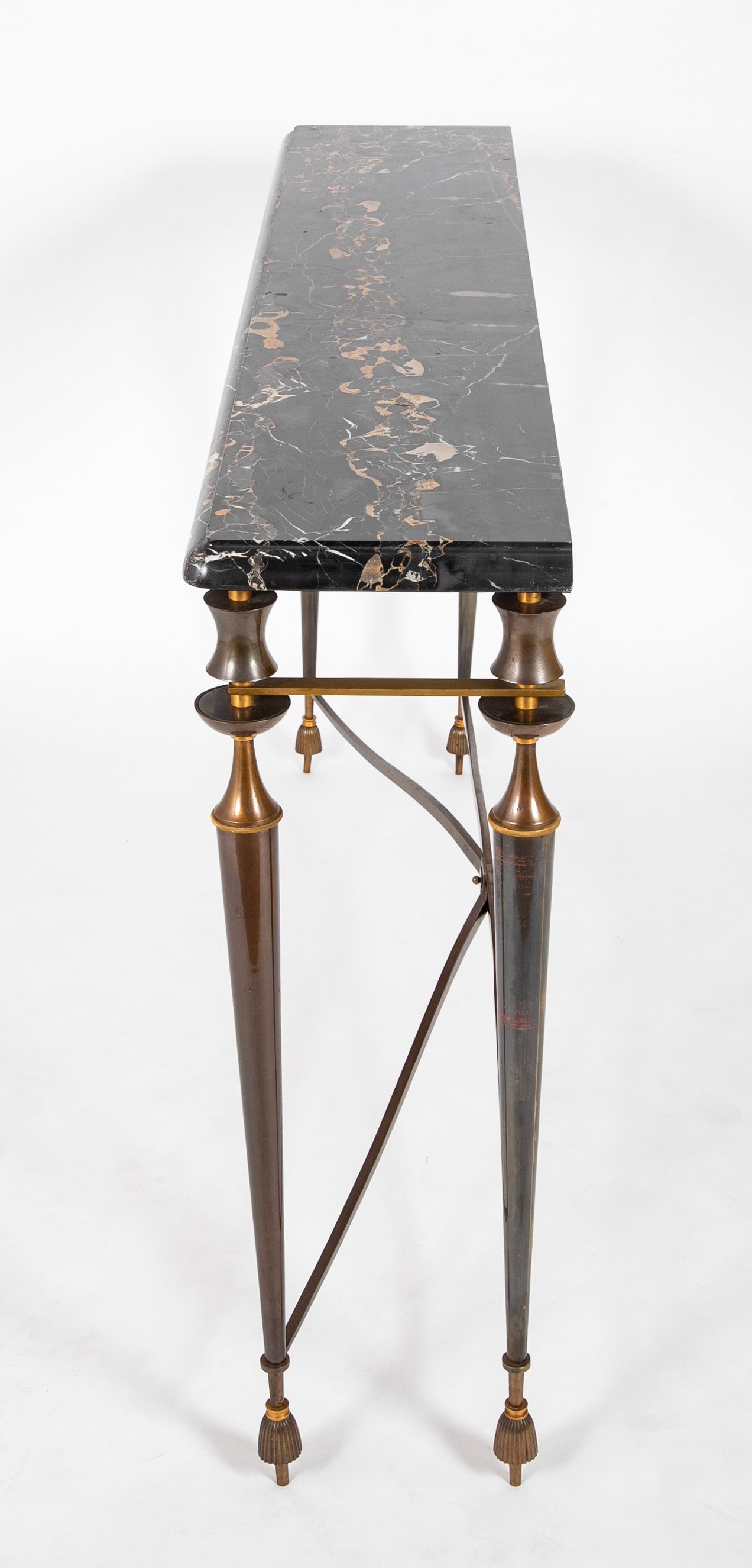 French Patinated Iron Marble Top Console Table In The Manner of Poillerat.