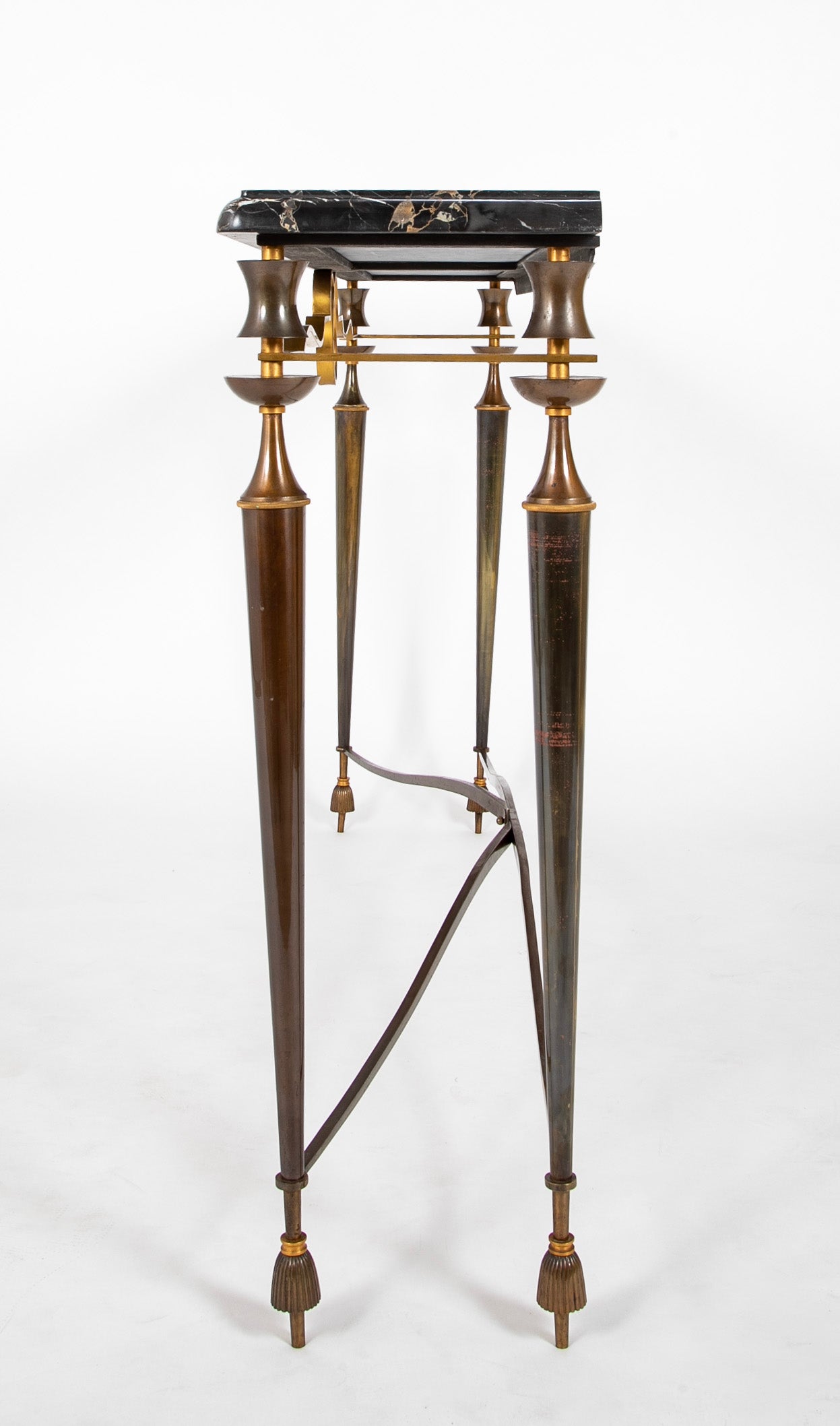 French Patinated Iron Marble Top Console Table In The Manner of Poillerat.