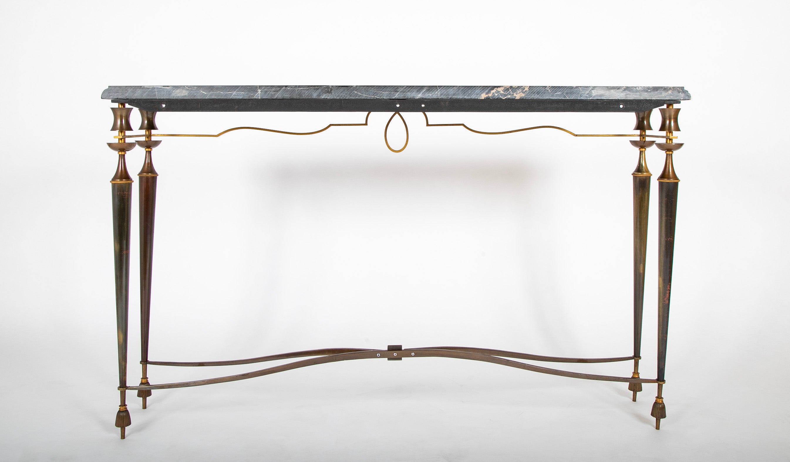 French Patinated Iron Marble Top Console Table In The Manner of Poillerat.