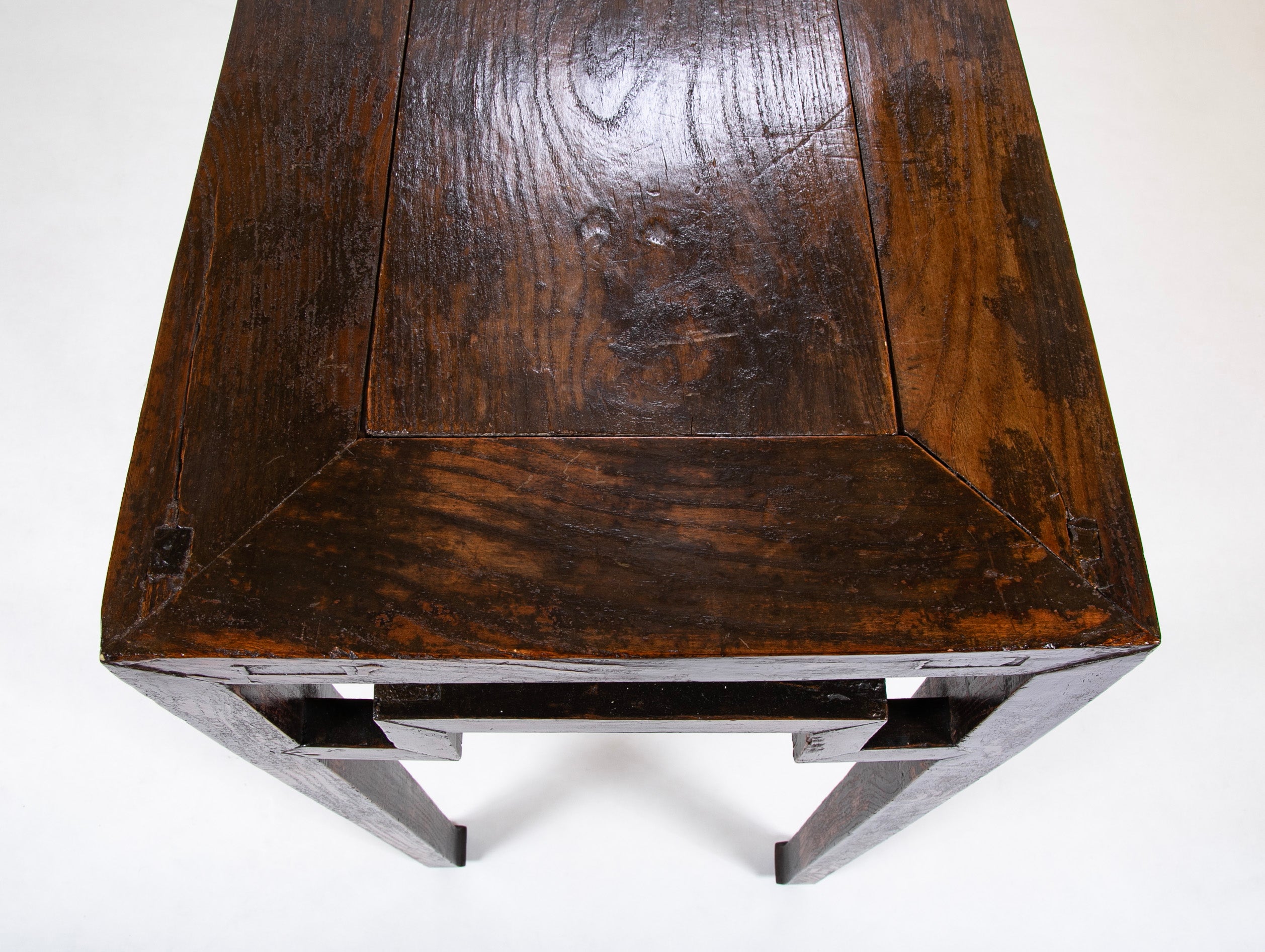 Chinese Elm Console with Square Form Humpback Stretchers