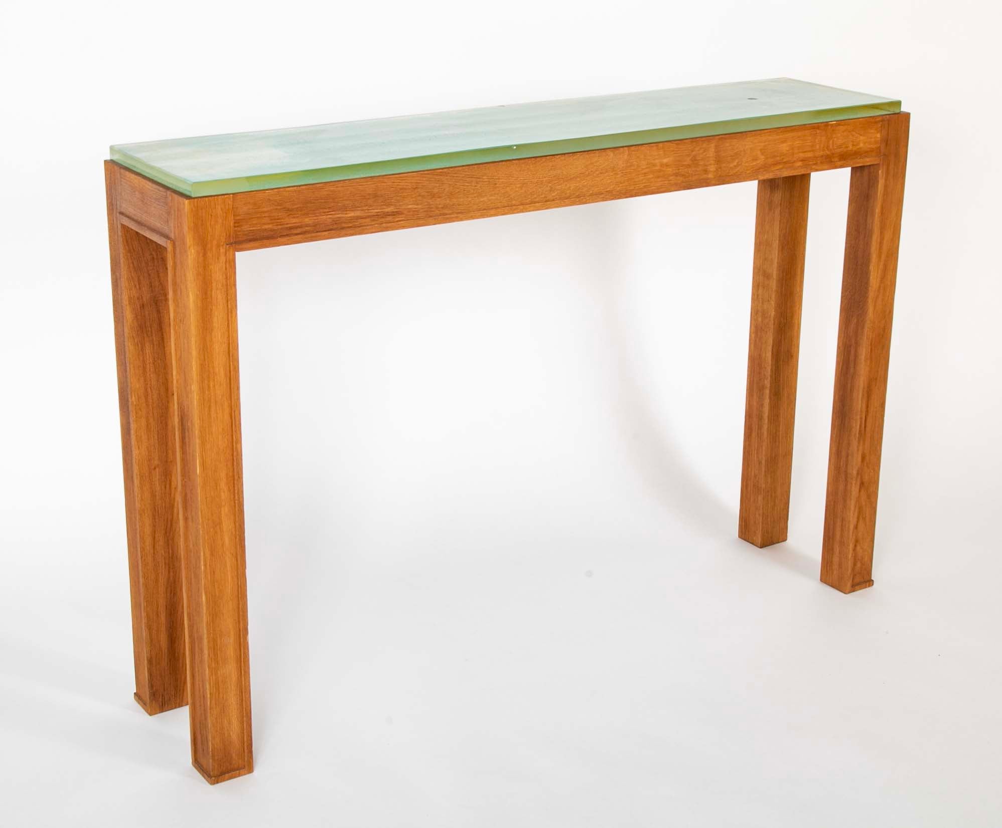 Jacques Adnet Blue/Green Glass Top Console Table
