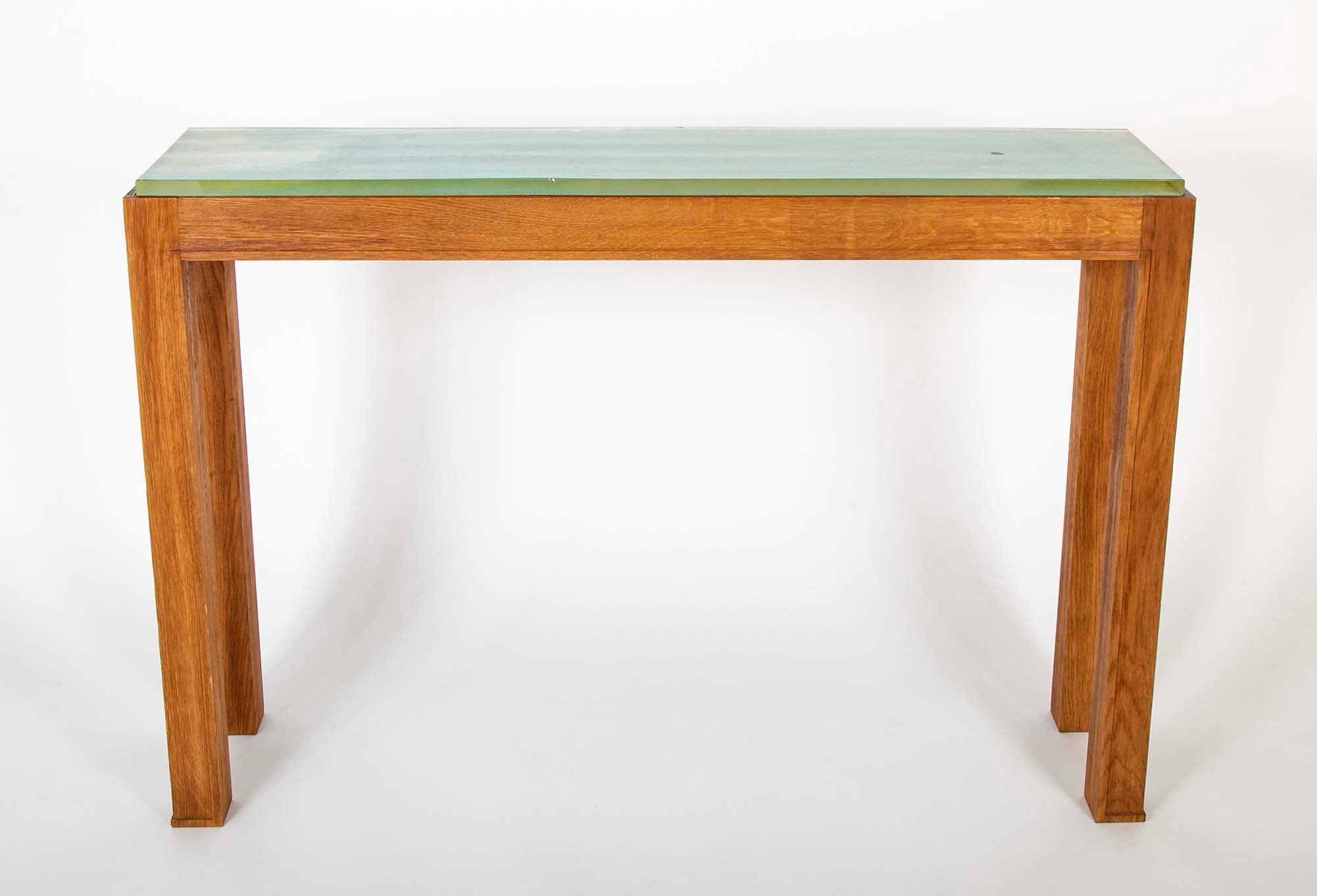 Jacques Adnet Blue/Green Glass Top Console Table