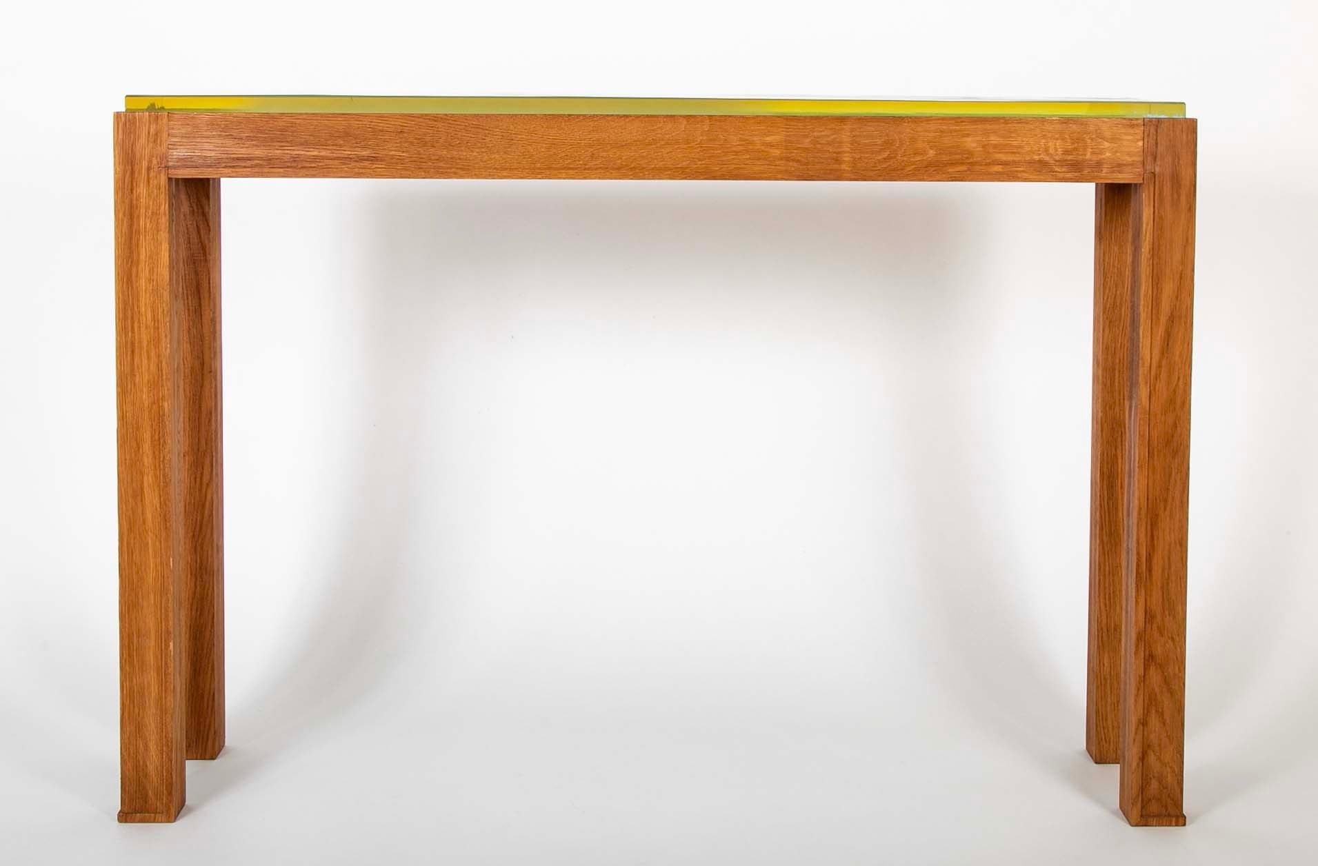 Jacques Adnet Blue/Green Glass Top Console Table