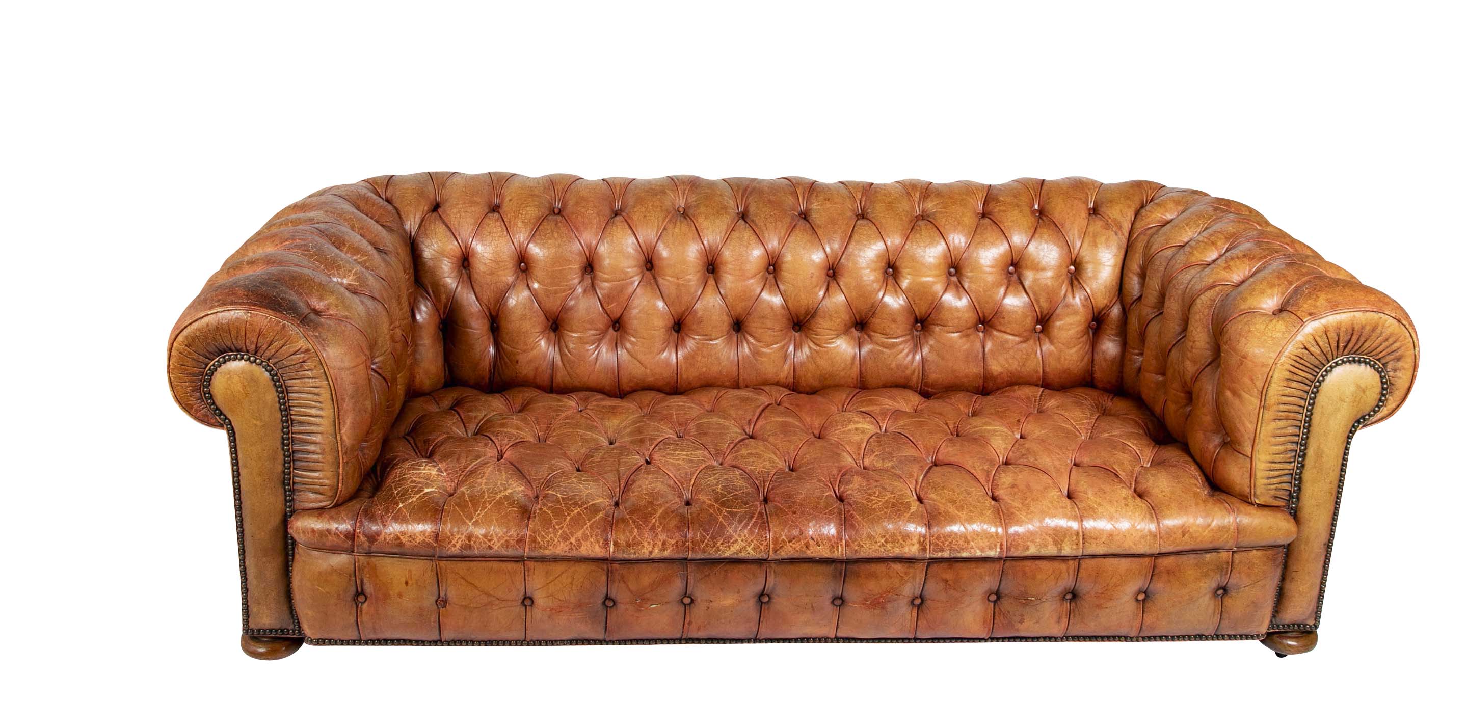 Pair of Mid 20th Century English Chesterfield Sofas in Coral Leather