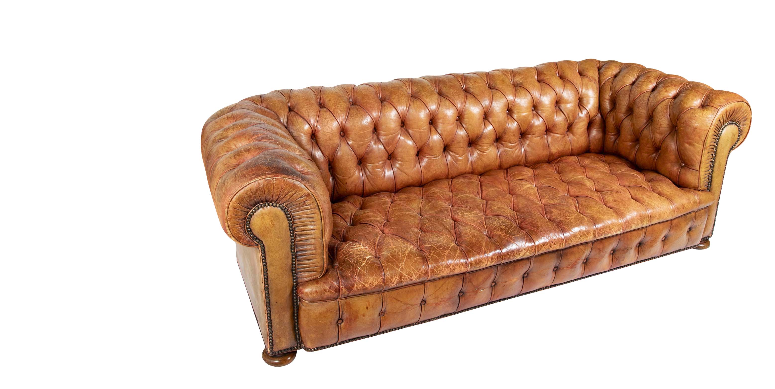 Pair of Mid 20th Century English Chesterfield Sofas in Coral Leather