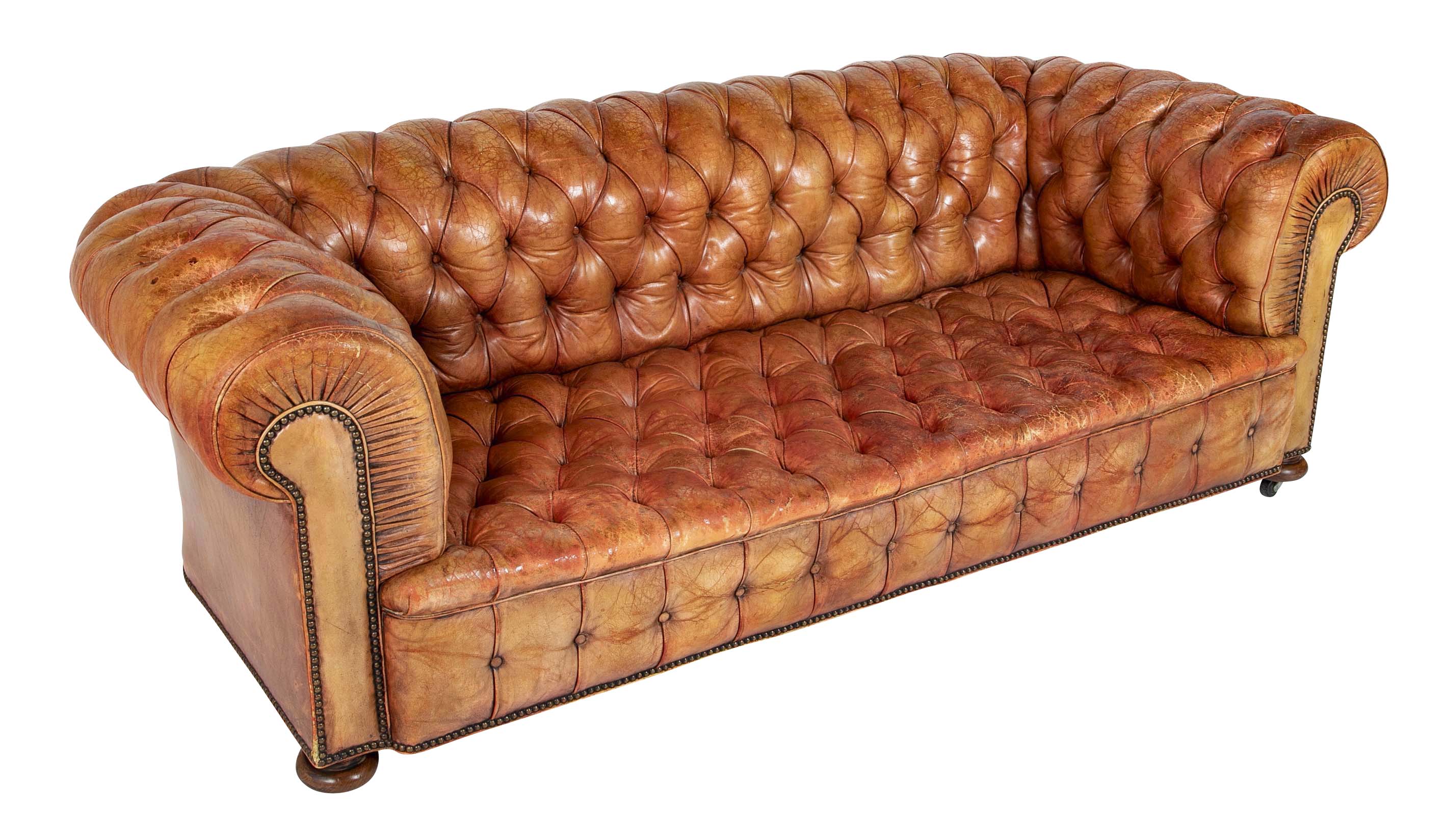 Pair of Mid 20th Century English Chesterfield Sofas in Coral Leather