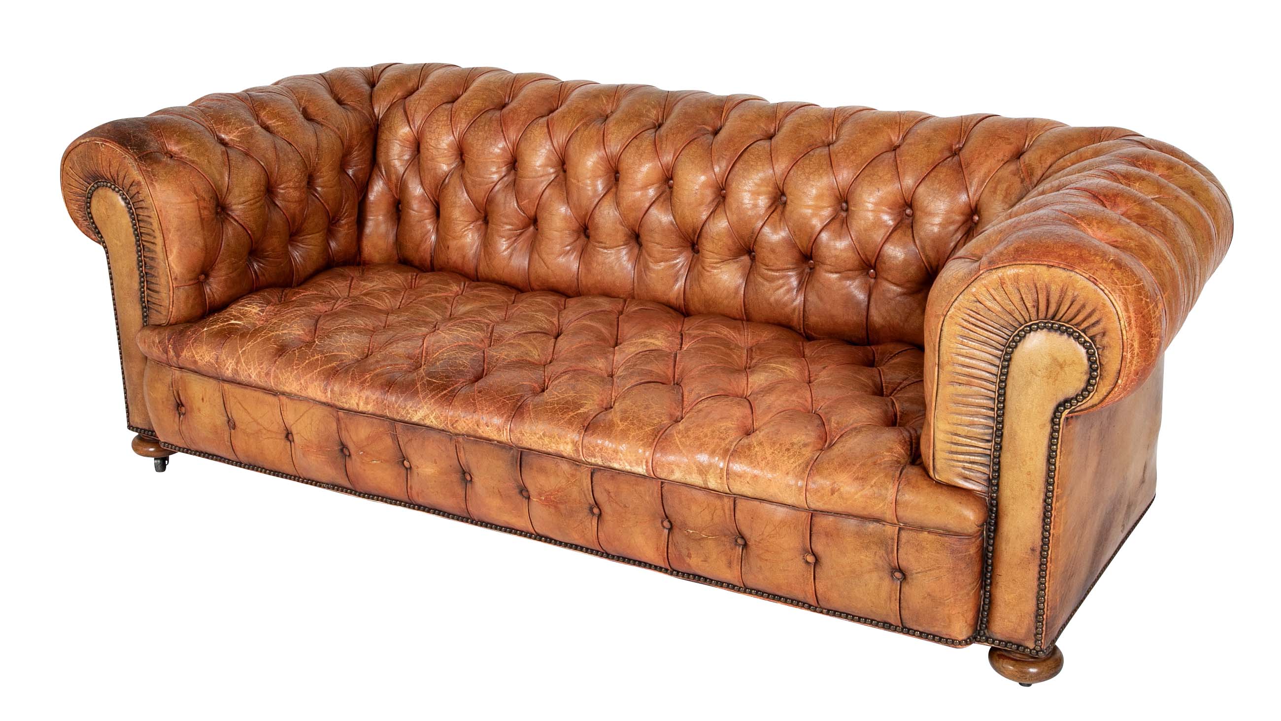 Pair of Mid 20th Century English Chesterfield Sofas in Coral Leather