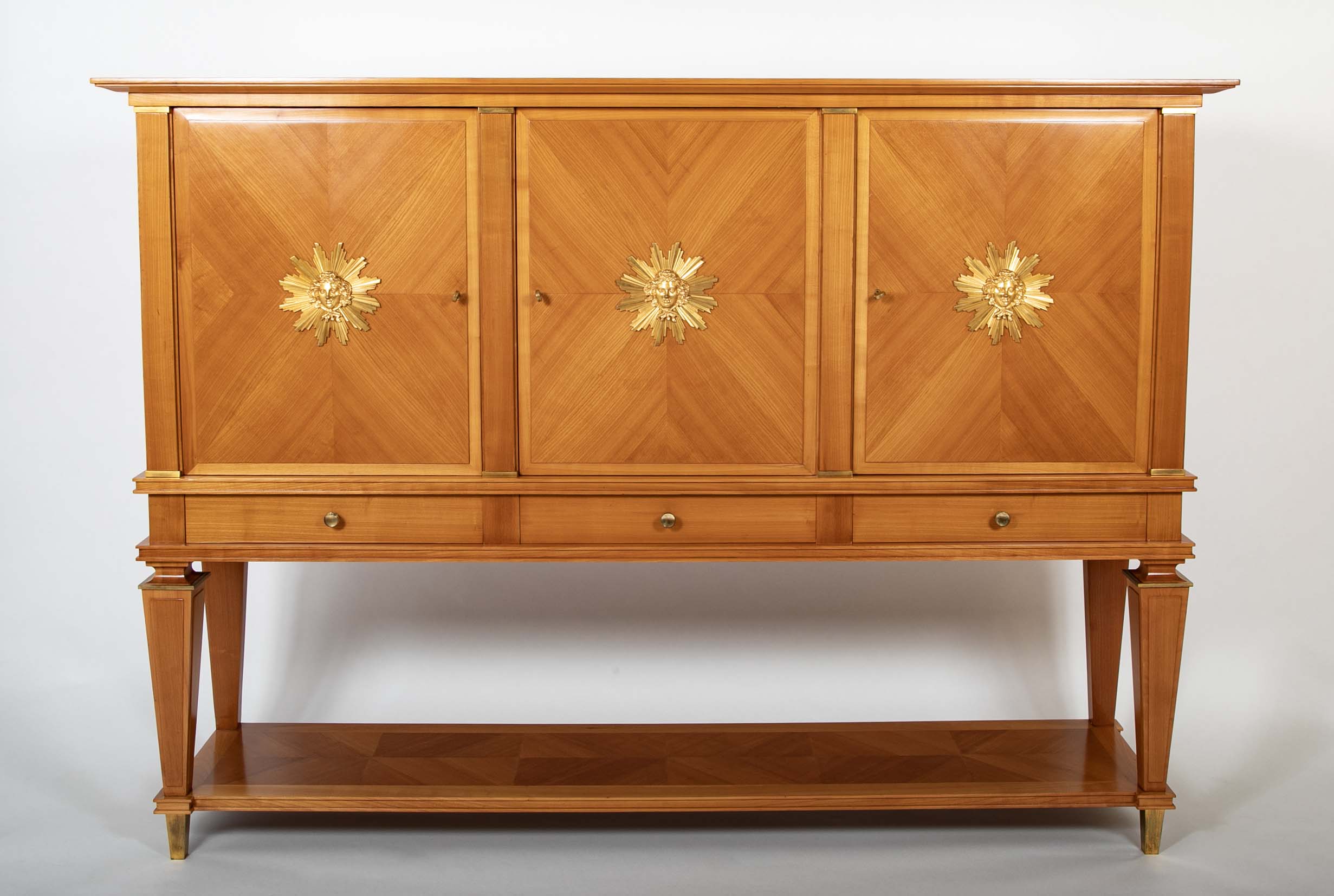 Jean Pascaud Blond Mahogany Credenza with Ormolu Sun Masks by Vadim Androusou