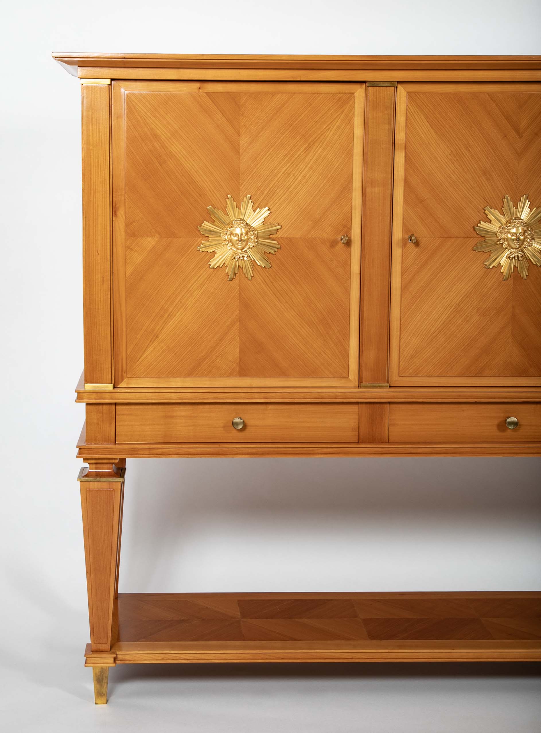 Jean Pascaud Blond Mahogany Credenza with Ormolu Sun Masks by Vadim Androusou