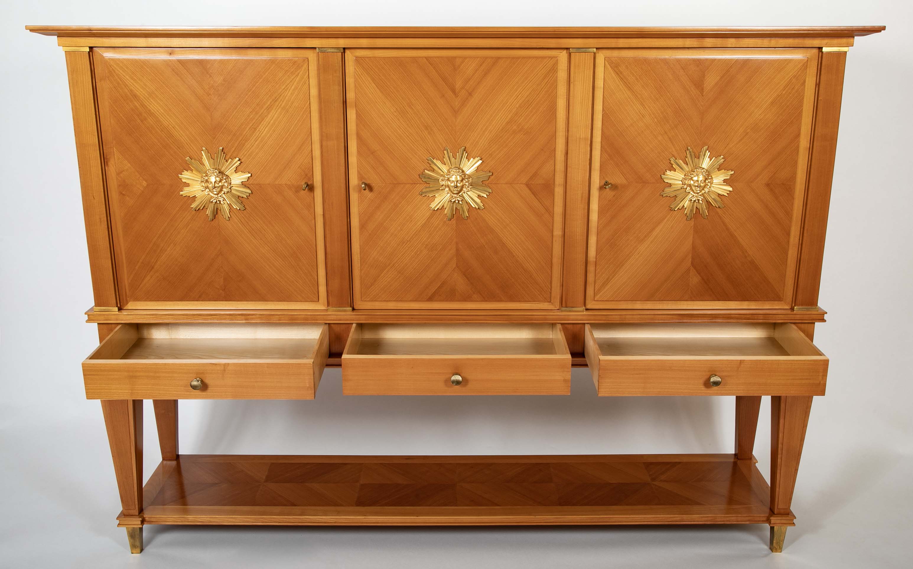 Jean Pascaud Blond Mahogany Credenza with Ormolu Sun Masks by Vadim Androusou