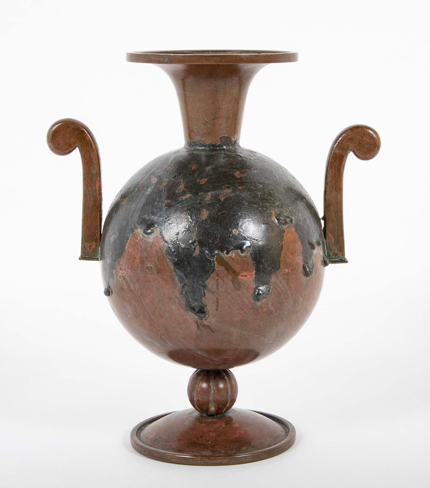 Two Double Handled Patinated Bronze & Copper Vases By G. Åke of Göteborg