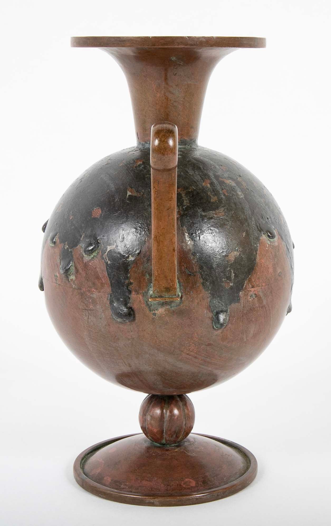 Two Double Handled Patinated Bronze & Copper Vases By G. Åke of Göteborg