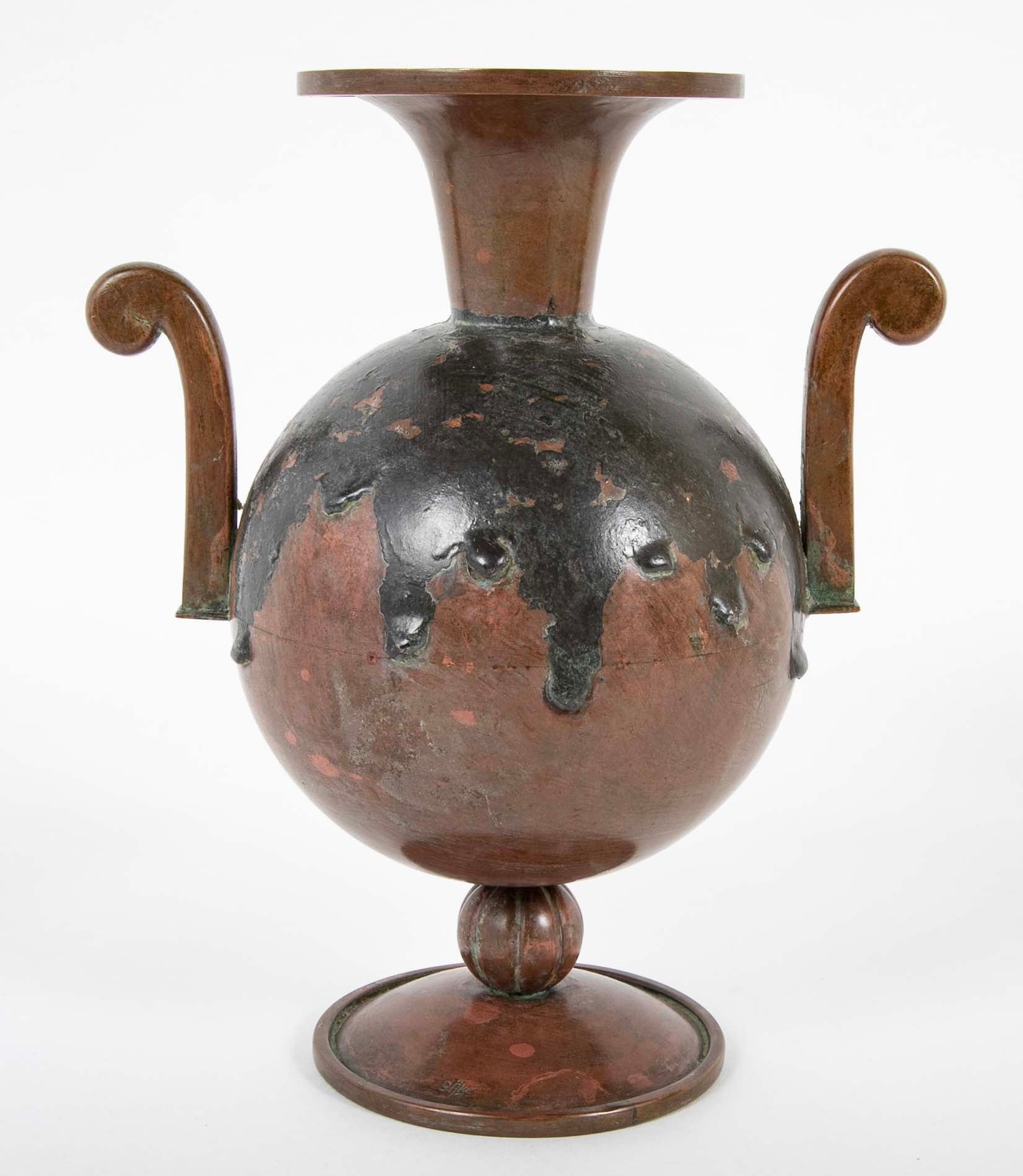 Two Double Handled Patinated Bronze & Copper Vases By G. Åke of Göteborg