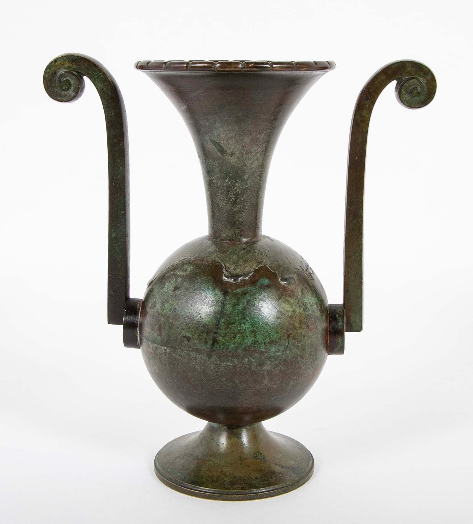 Two Double Handled Patinated Bronze & Copper Vases By G. Åke of Göteborg