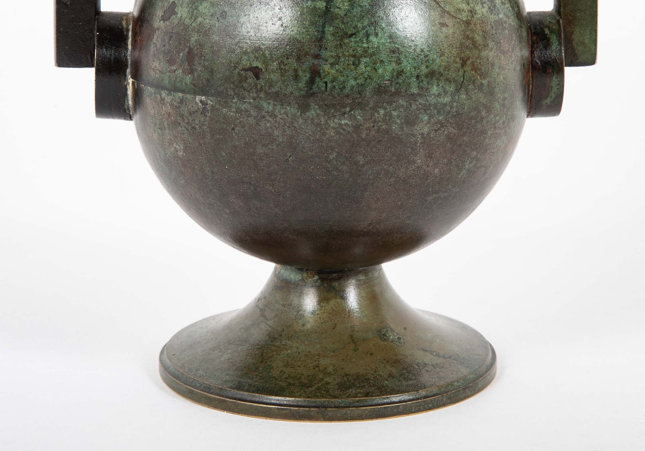Two Double Handled Patinated Bronze & Copper Vases By G. Åke of Göteborg