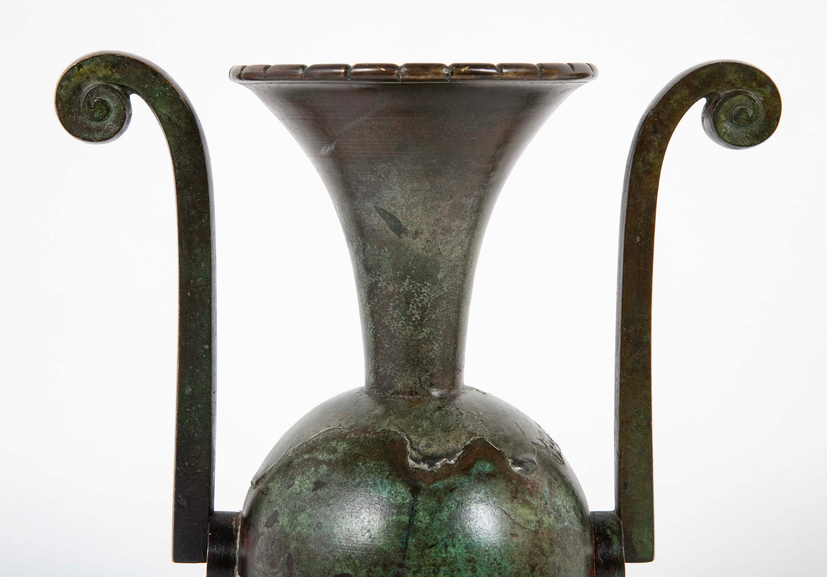 Two Double Handled Patinated Bronze & Copper Vases By G. Åke of Göteborg