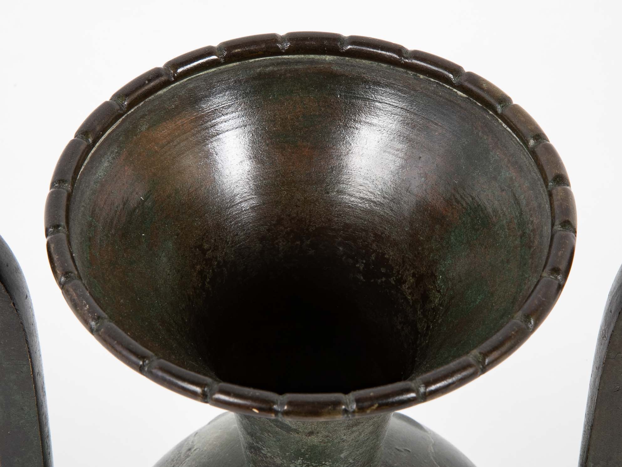 Two Double Handled Patinated Bronze & Copper Vases By G. Åke of Göteborg