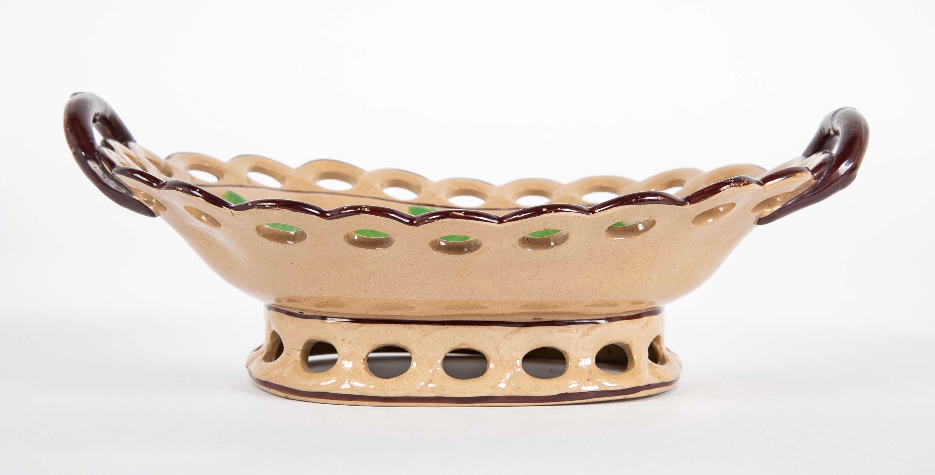 Set of Six Brown Glazed Earthenware Pieces with Raised Green Glazed Leaves