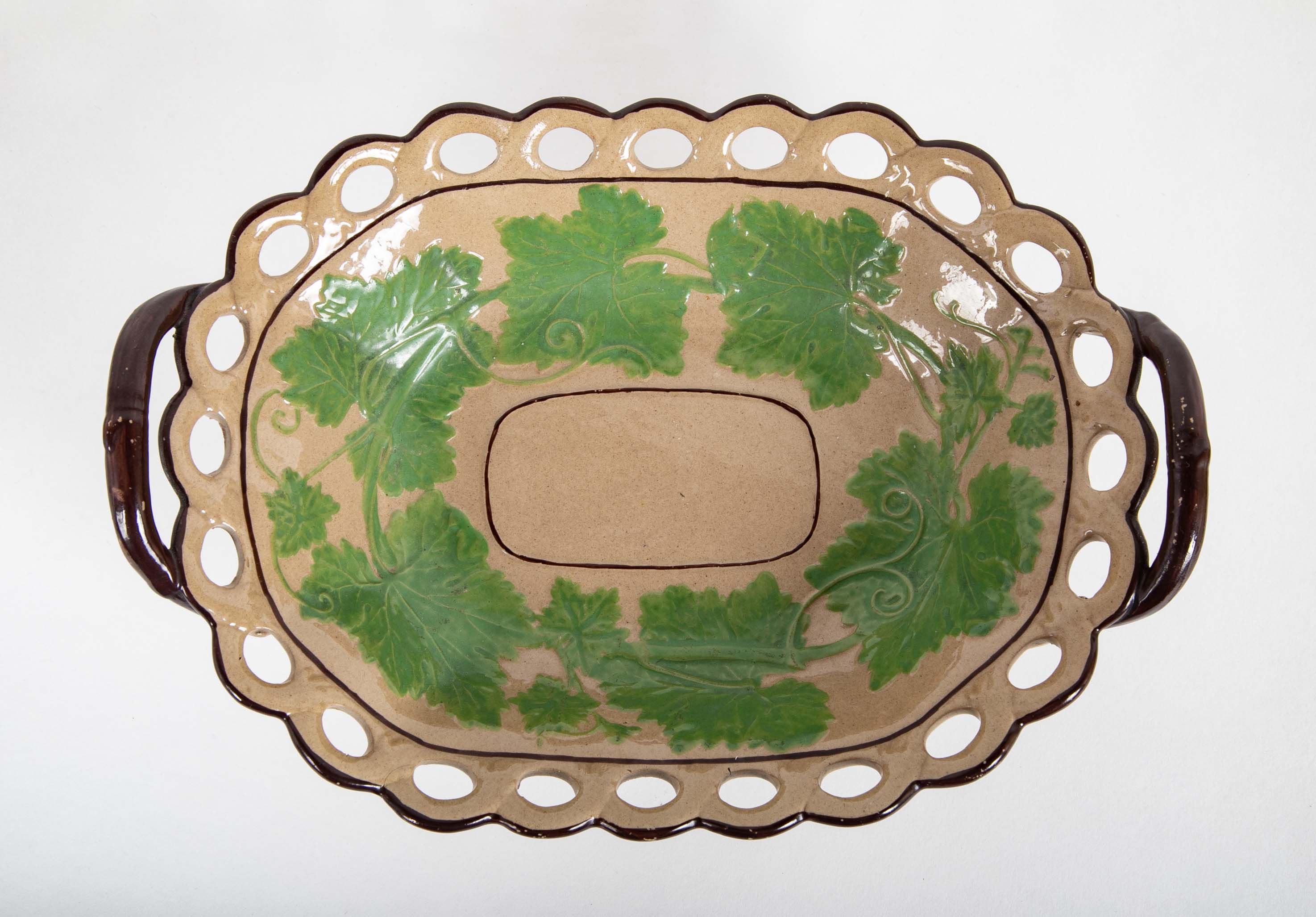 Set of Six Brown Glazed Earthenware Pieces with Raised Green Glazed Leaves