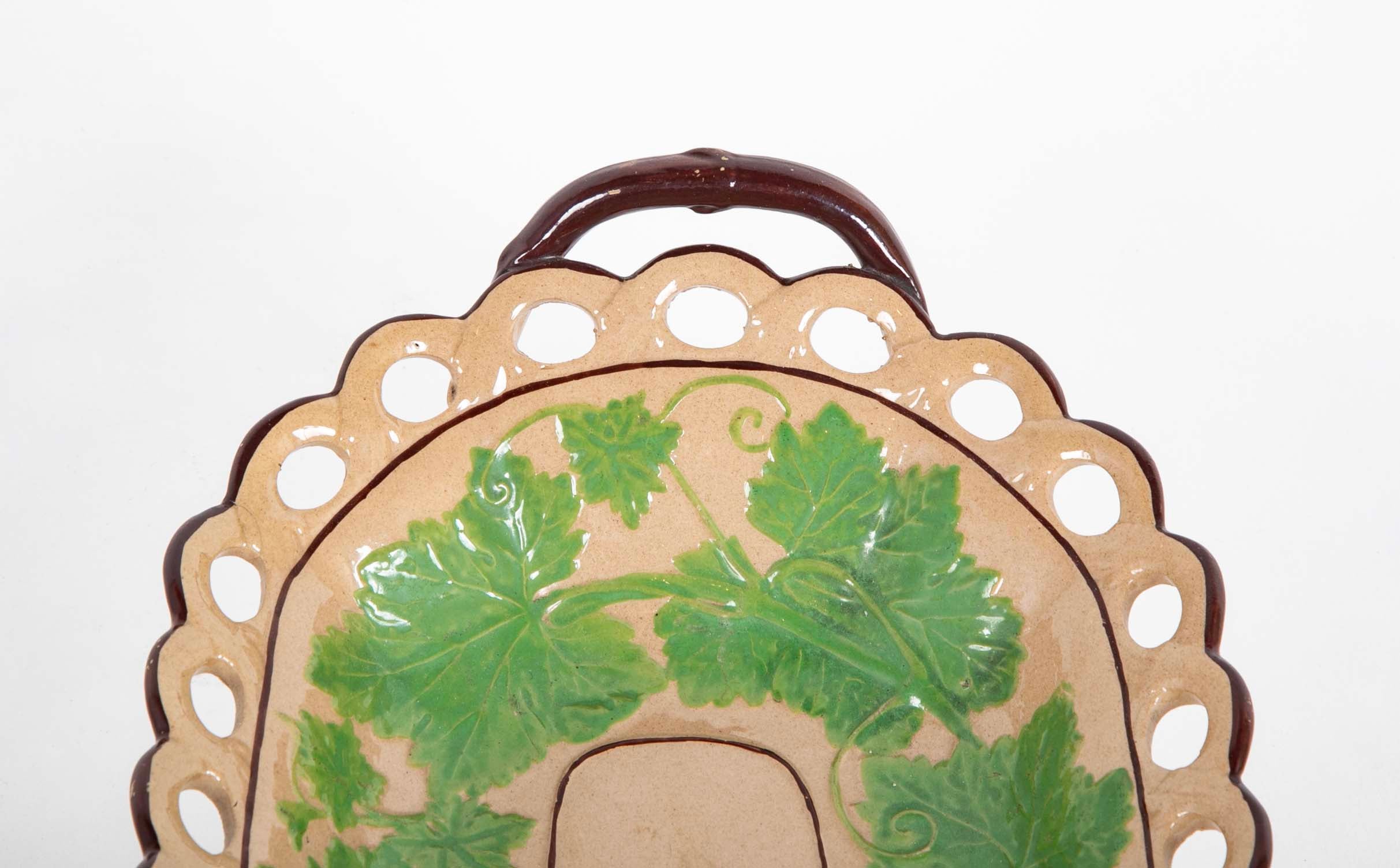 Set of Six Brown Glazed Earthenware Pieces with Raised Green Glazed Leaves