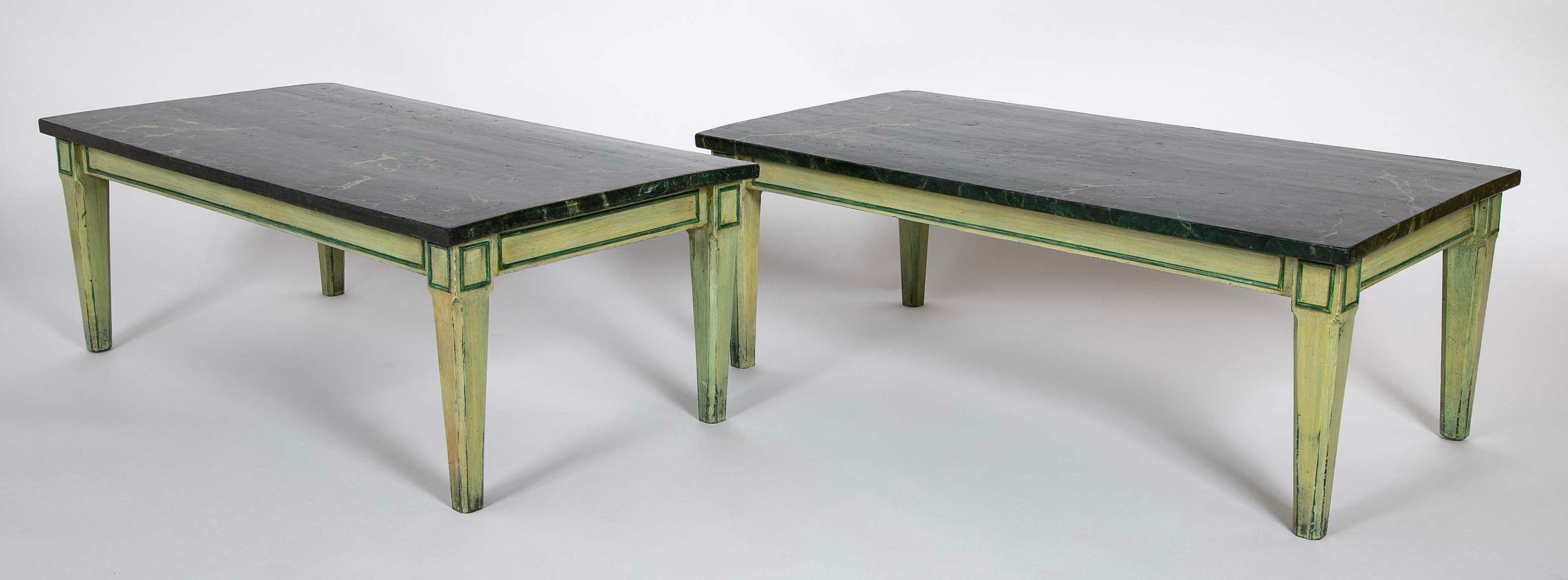 Green Painted Faux Marble Top Low Tables