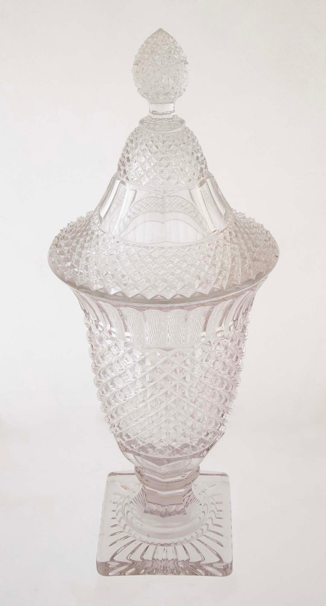 Lidded Glass Covered Urn in Antique Diamond Pattern