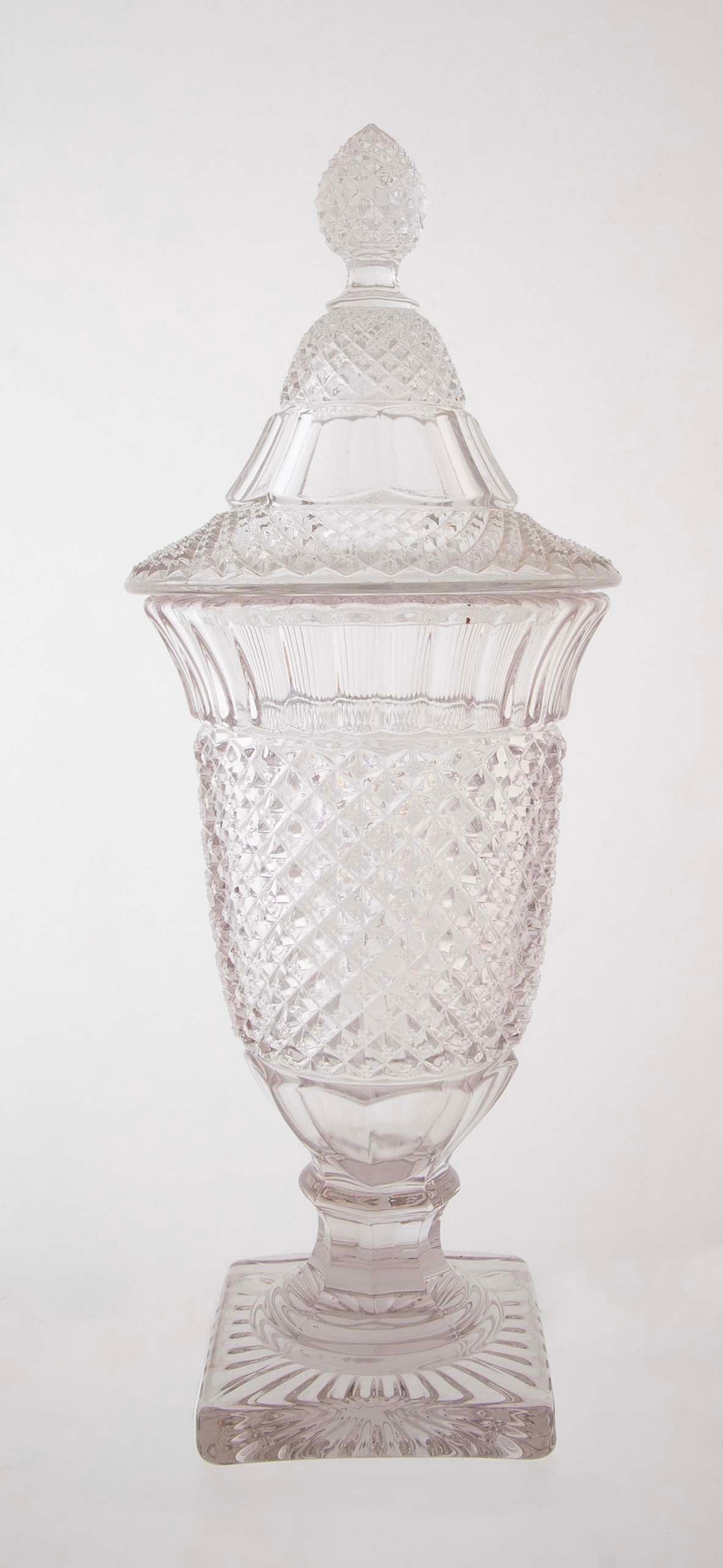 Lidded Glass Covered Urn in Antique Diamond Pattern