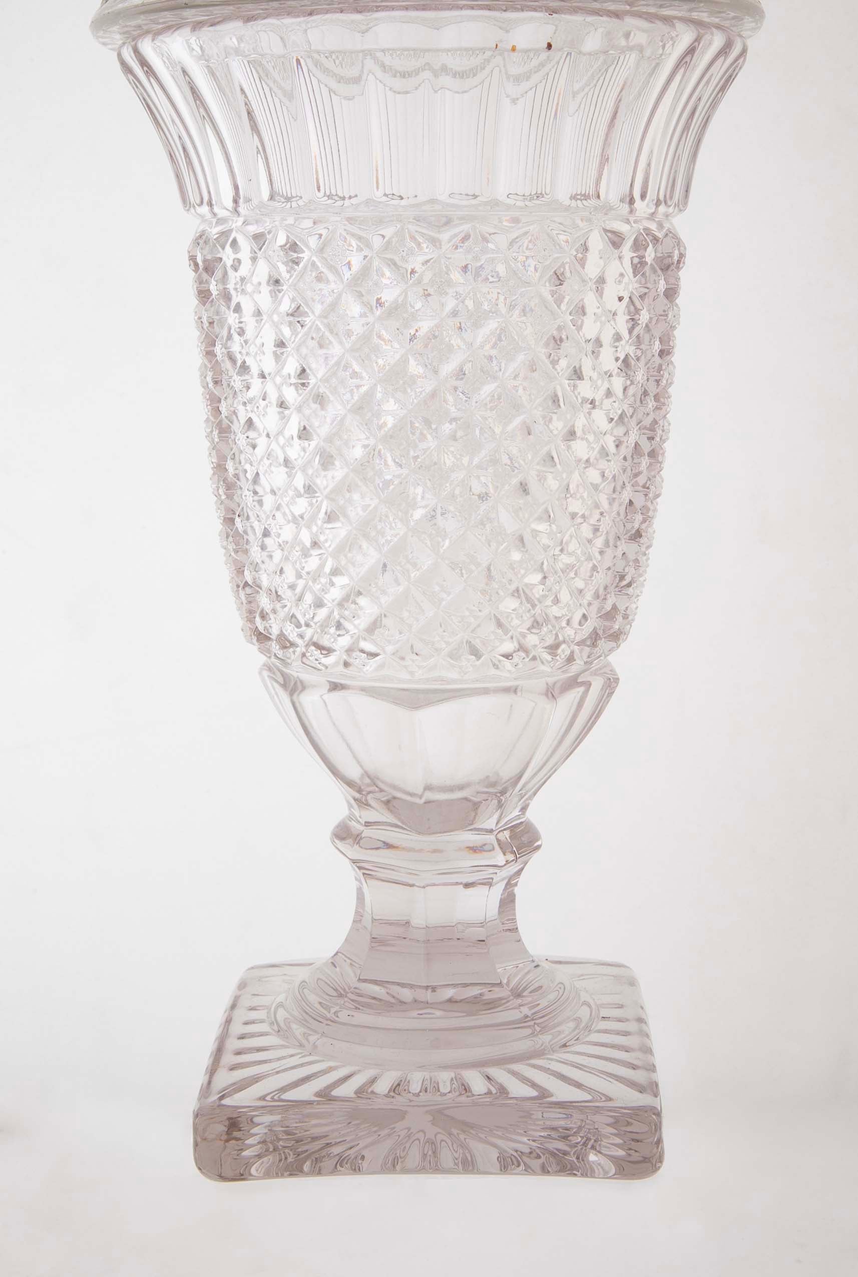 Lidded Glass Covered Urn in Antique Diamond Pattern