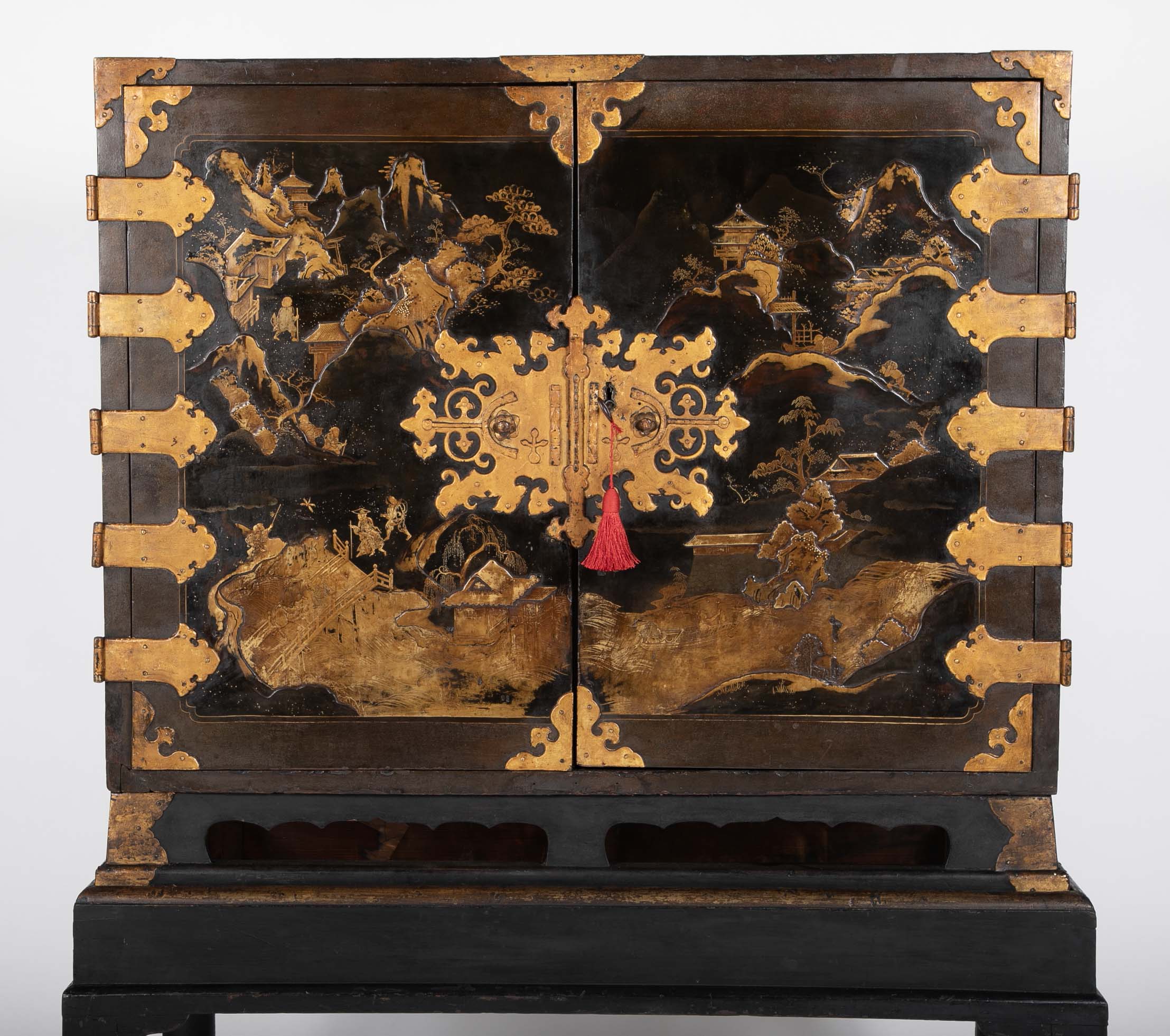17th Century Japanese Gilt & Black Lacquer Cabinet for Export on Later Stand