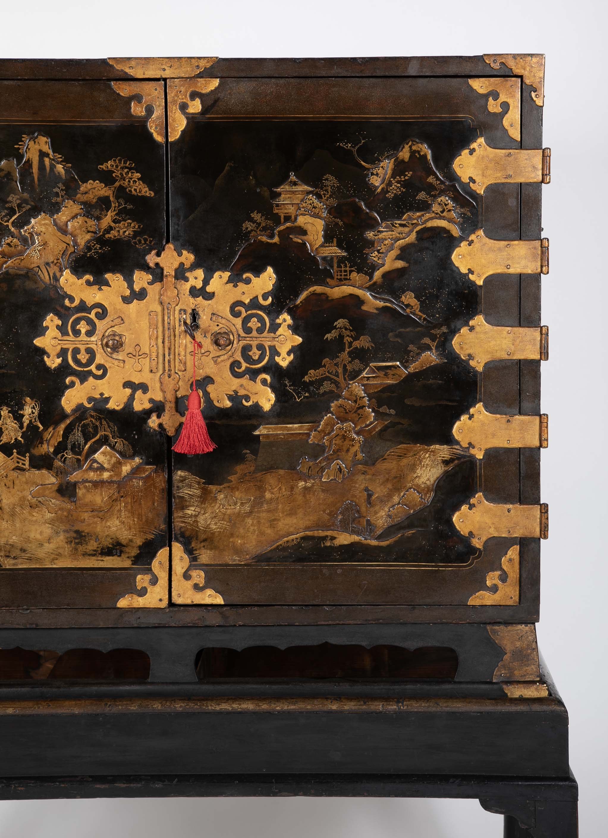 17th Century Japanese Gilt & Black Lacquer Cabinet for Export on Later Stand