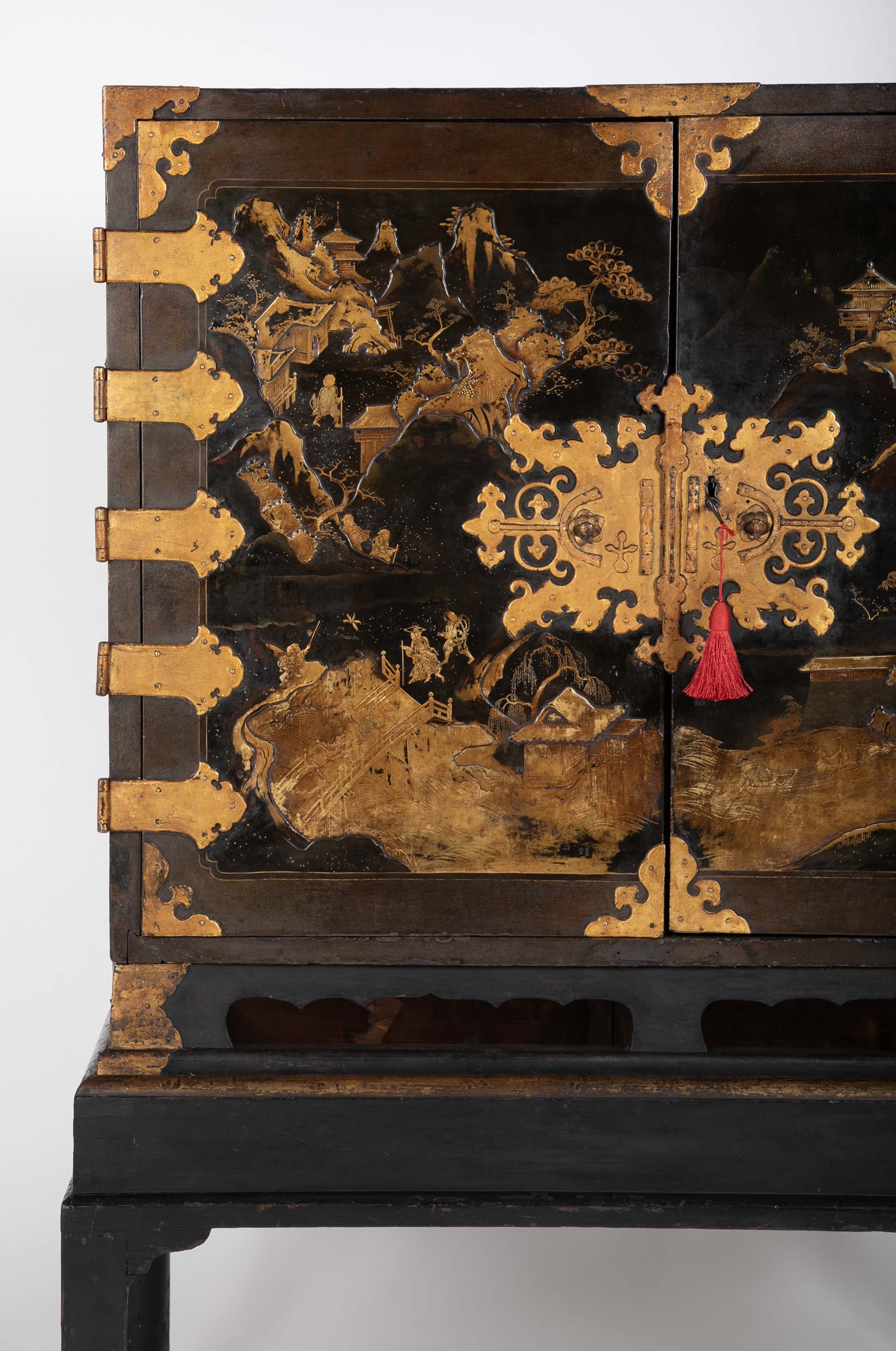 17th Century Japanese Gilt & Black Lacquer Cabinet for Export on Later Stand