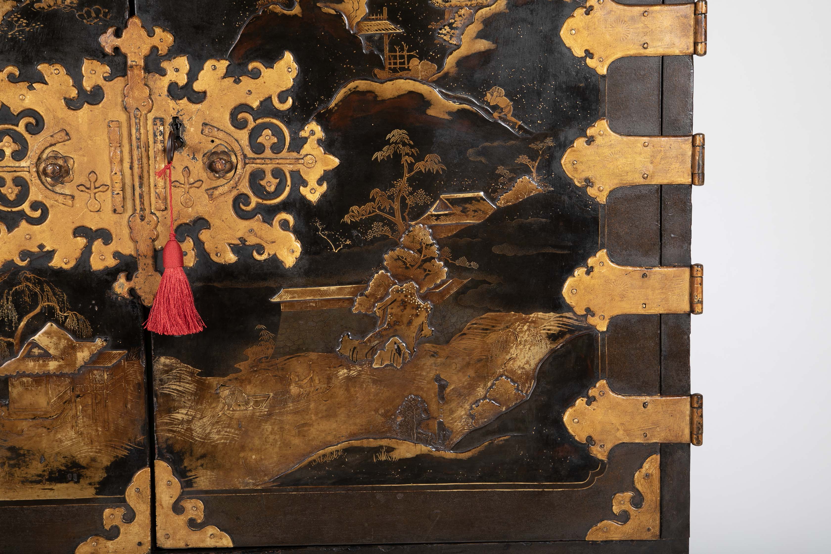 17th Century Japanese Gilt & Black Lacquer Cabinet for Export on Later Stand