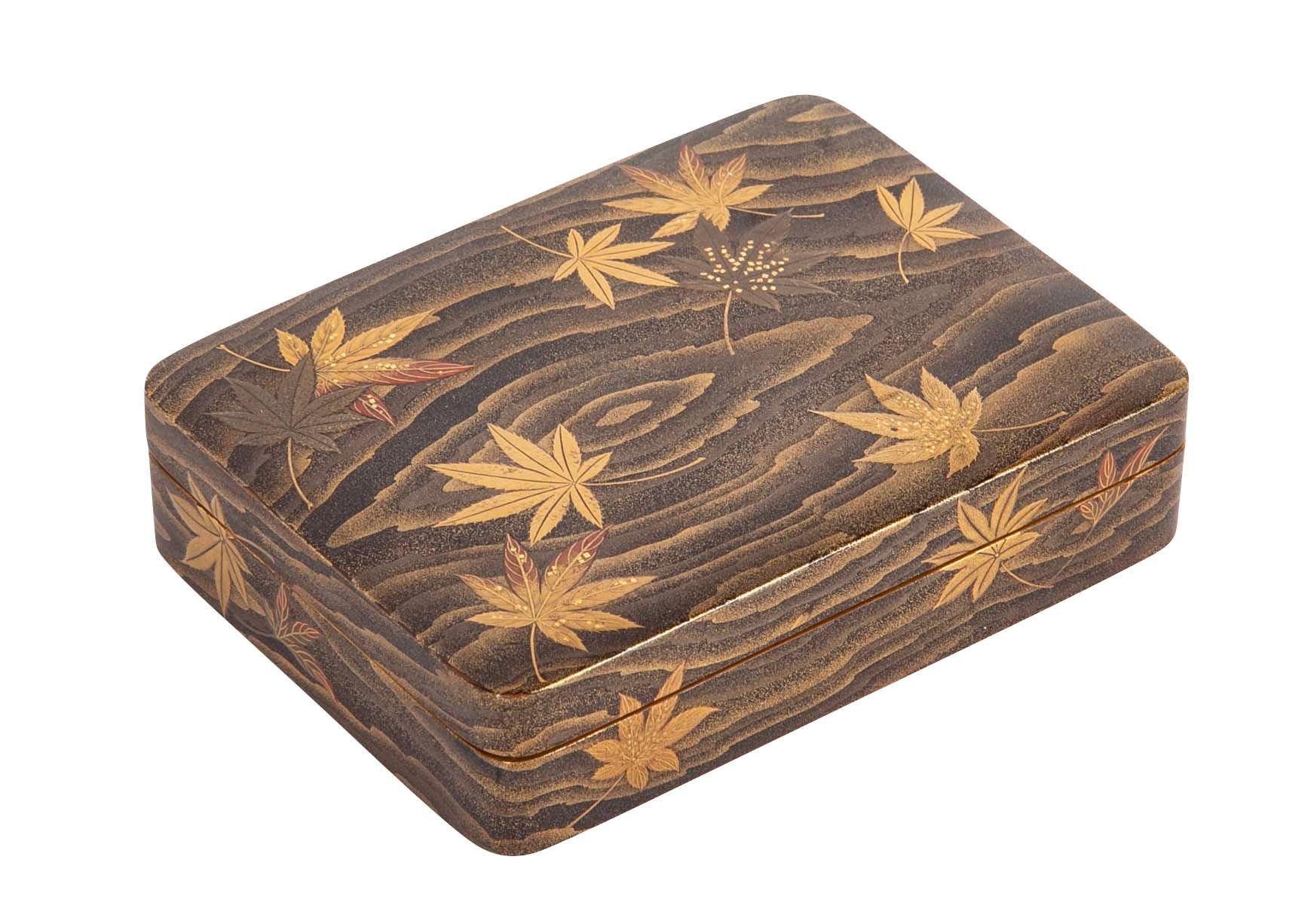 Japanese Brown Lacquer Box with Maple Leaves on a Pond Decor