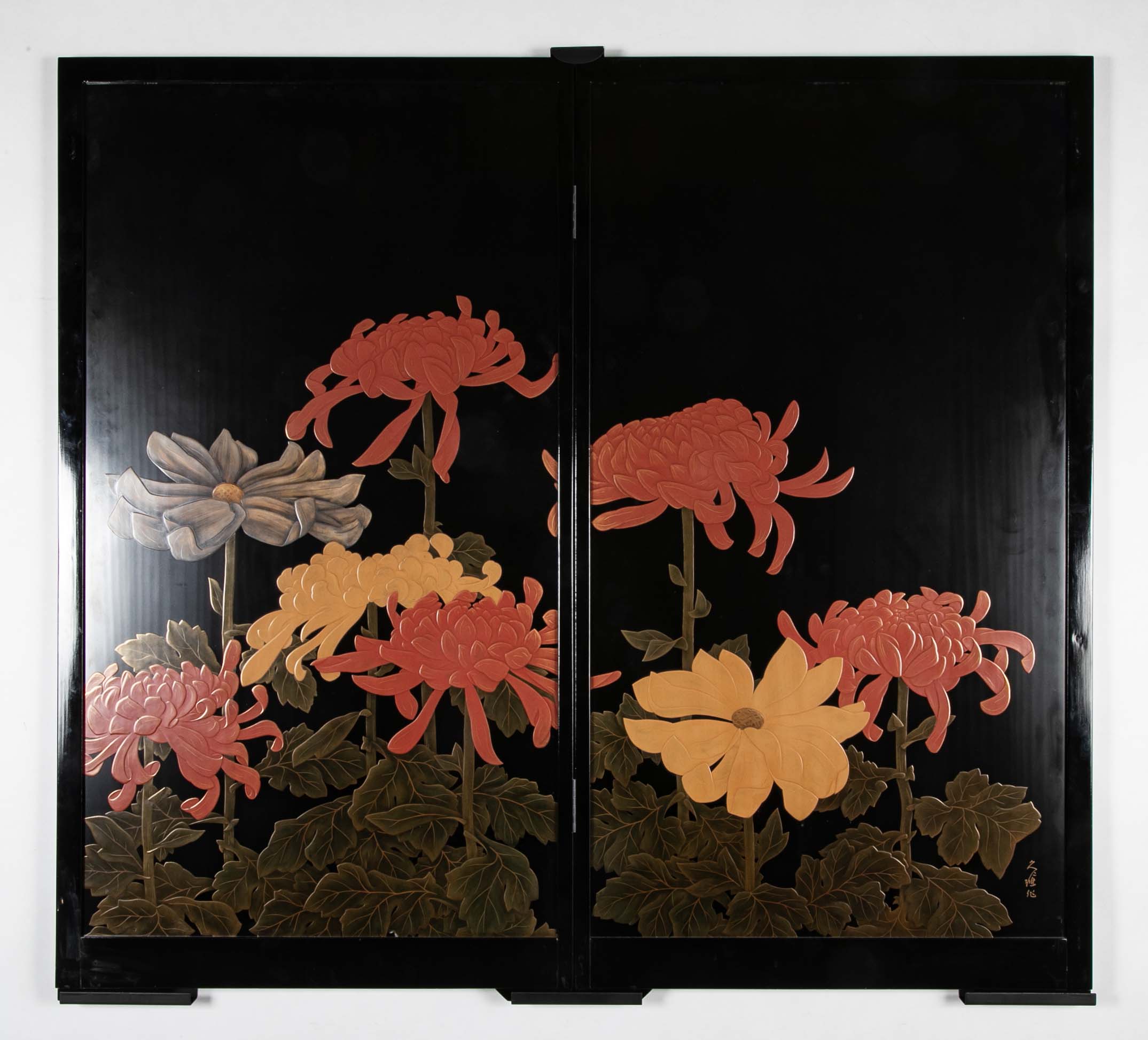 Black Lacquer Screen with Bold Red, Yellow & White Chrysanthemums Signed Kunio Saku
