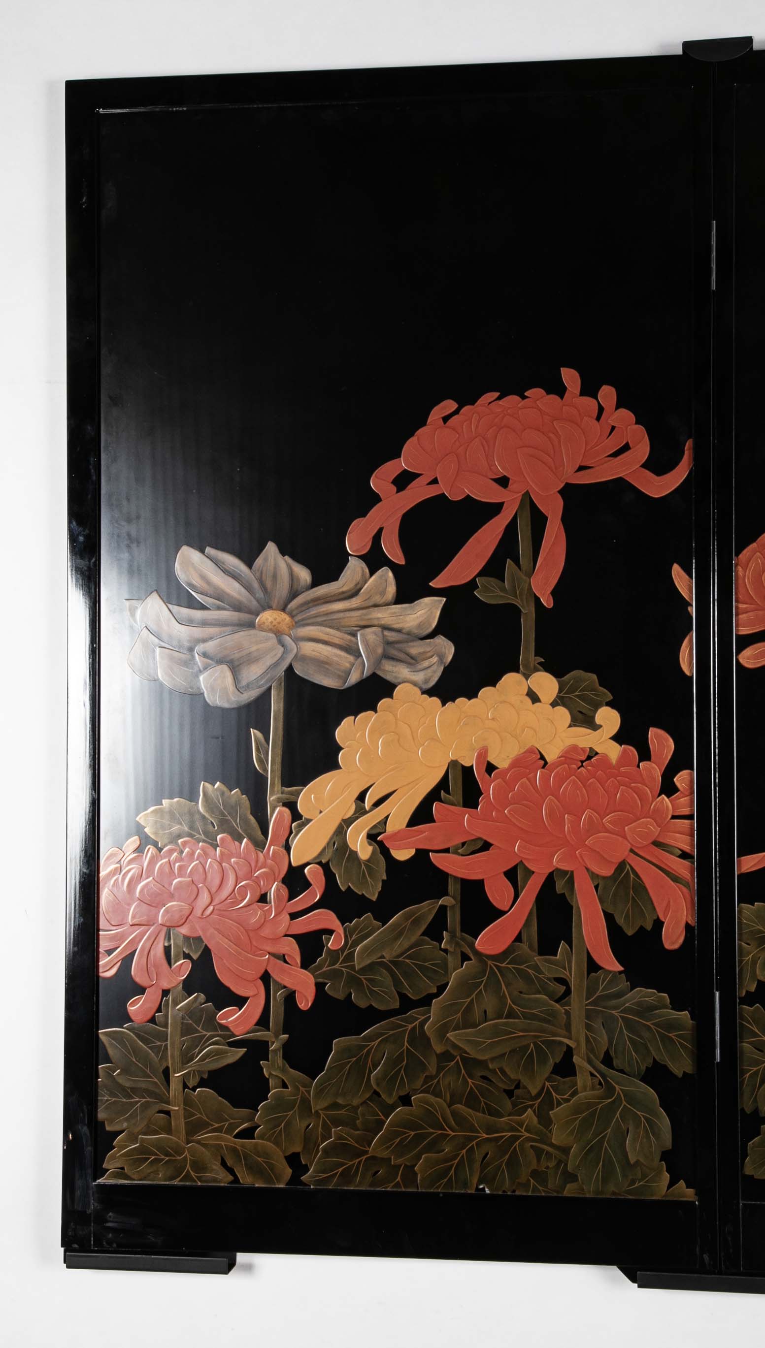Black Lacquer Screen with Bold Red, Yellow & White Chrysanthemums Signed Kunio Saku